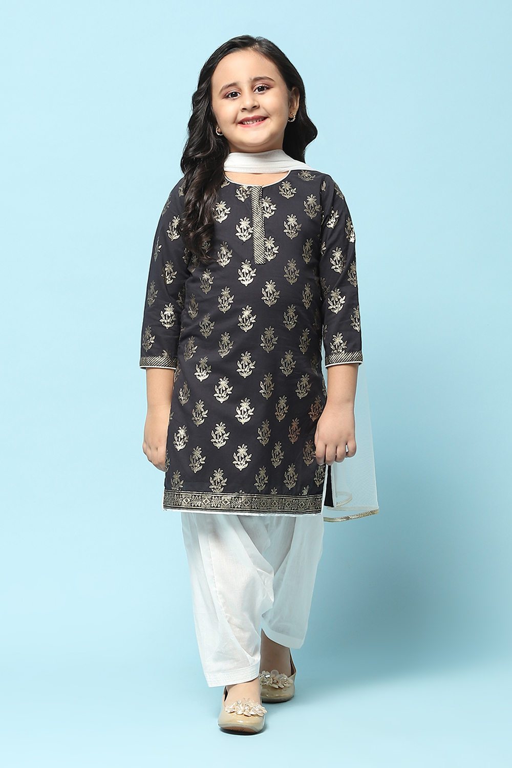 Black Cotton Straight Printed Kurta Patiyala Salwar Suit Set image number 7