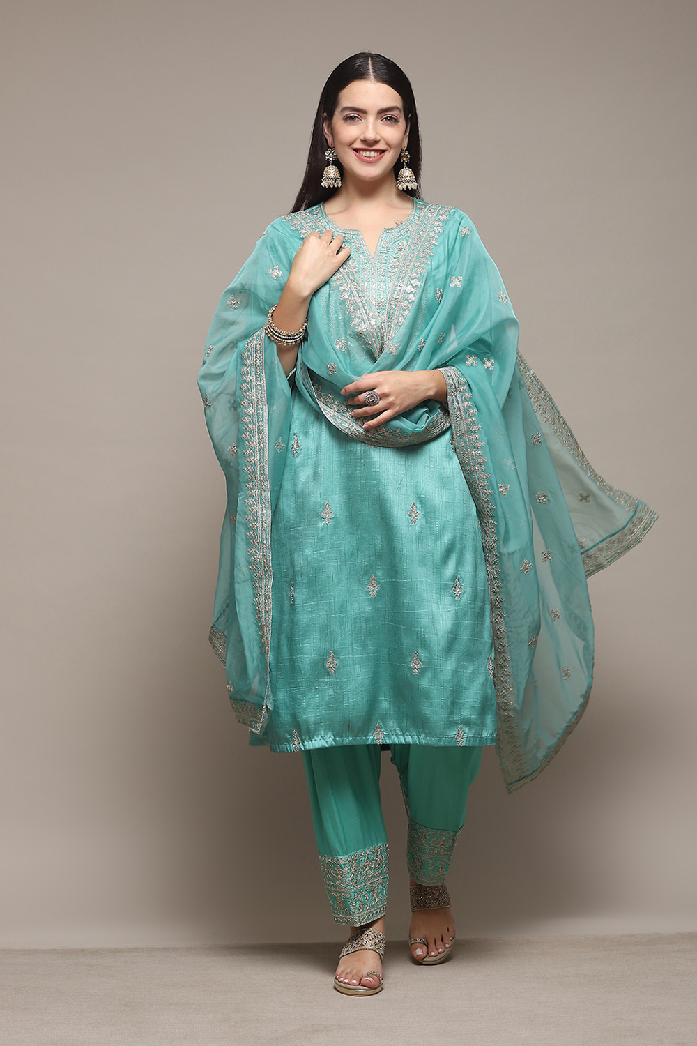 Sea Green Polyester Straight Kurta Salwar Suit Set at Biba India