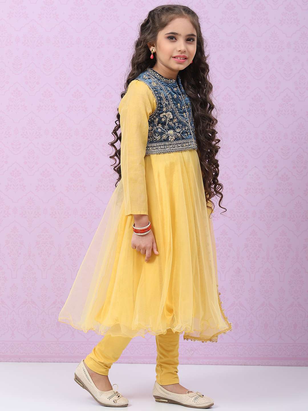 Mustard Yellow Art Silk Anarkali with Jacket Kurta Churidar Suit Set image number 8