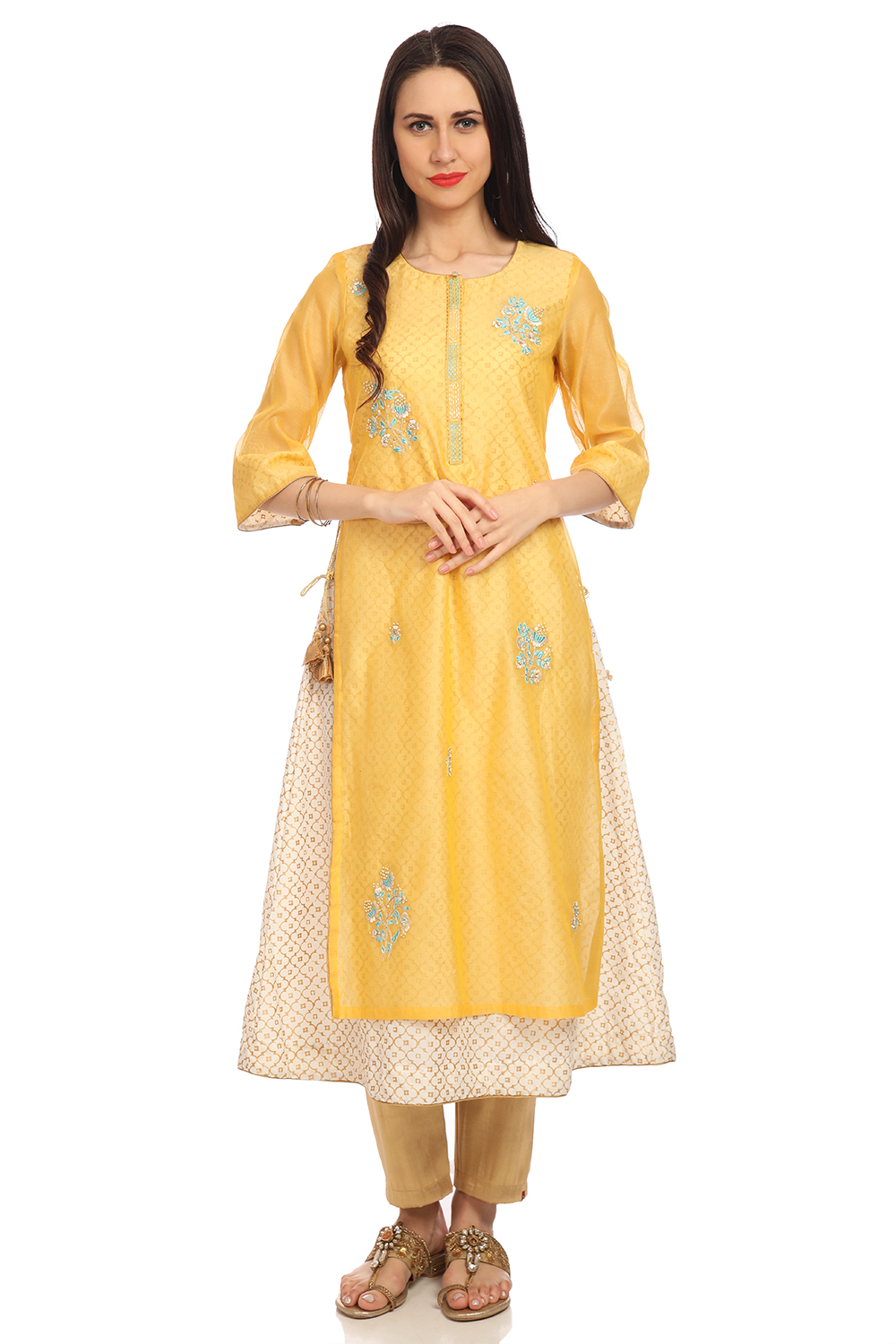 Yellow A-Line Art Silk Yarndyed Kurta image number 0