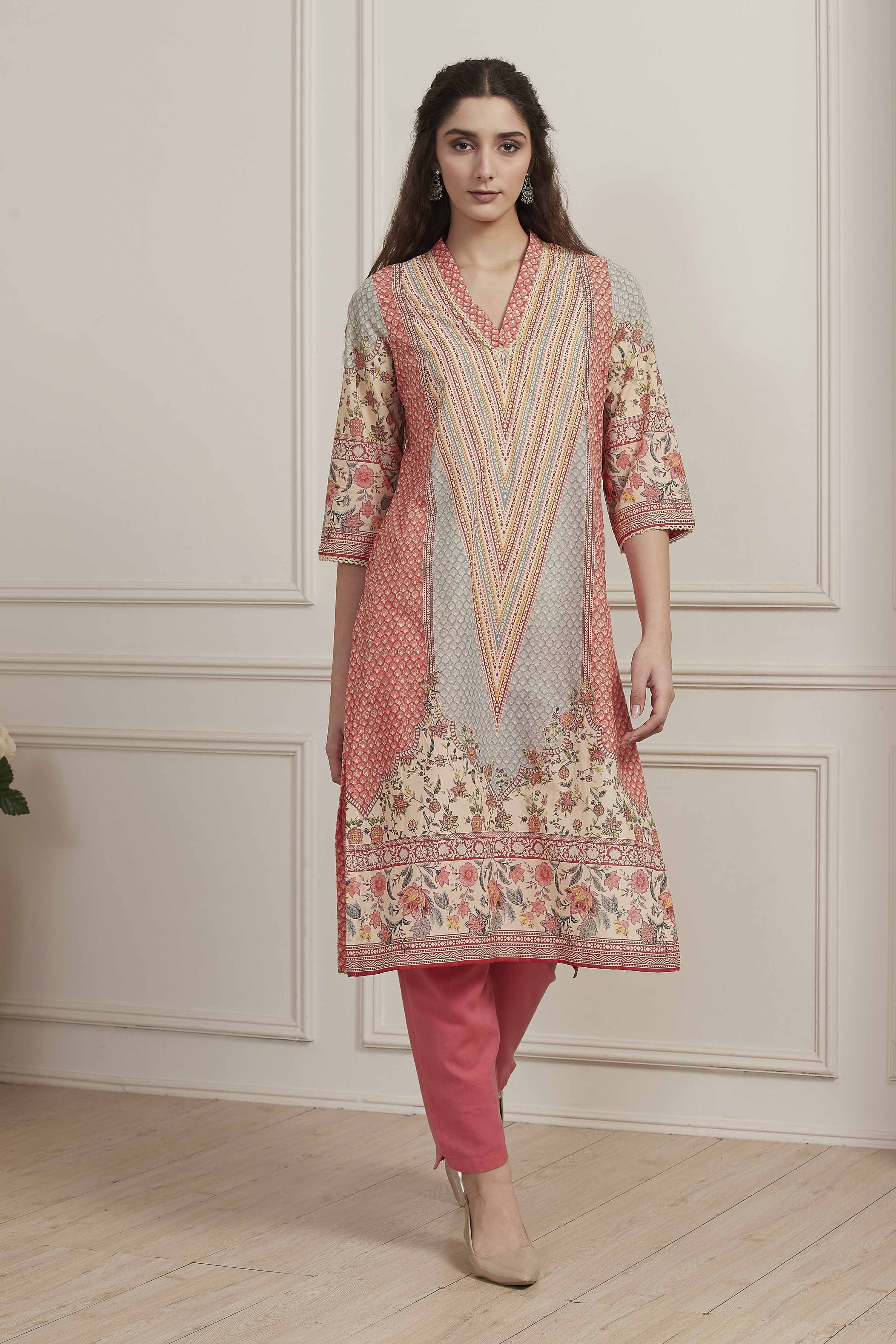 Red Cotton Straight Kurta image number 5