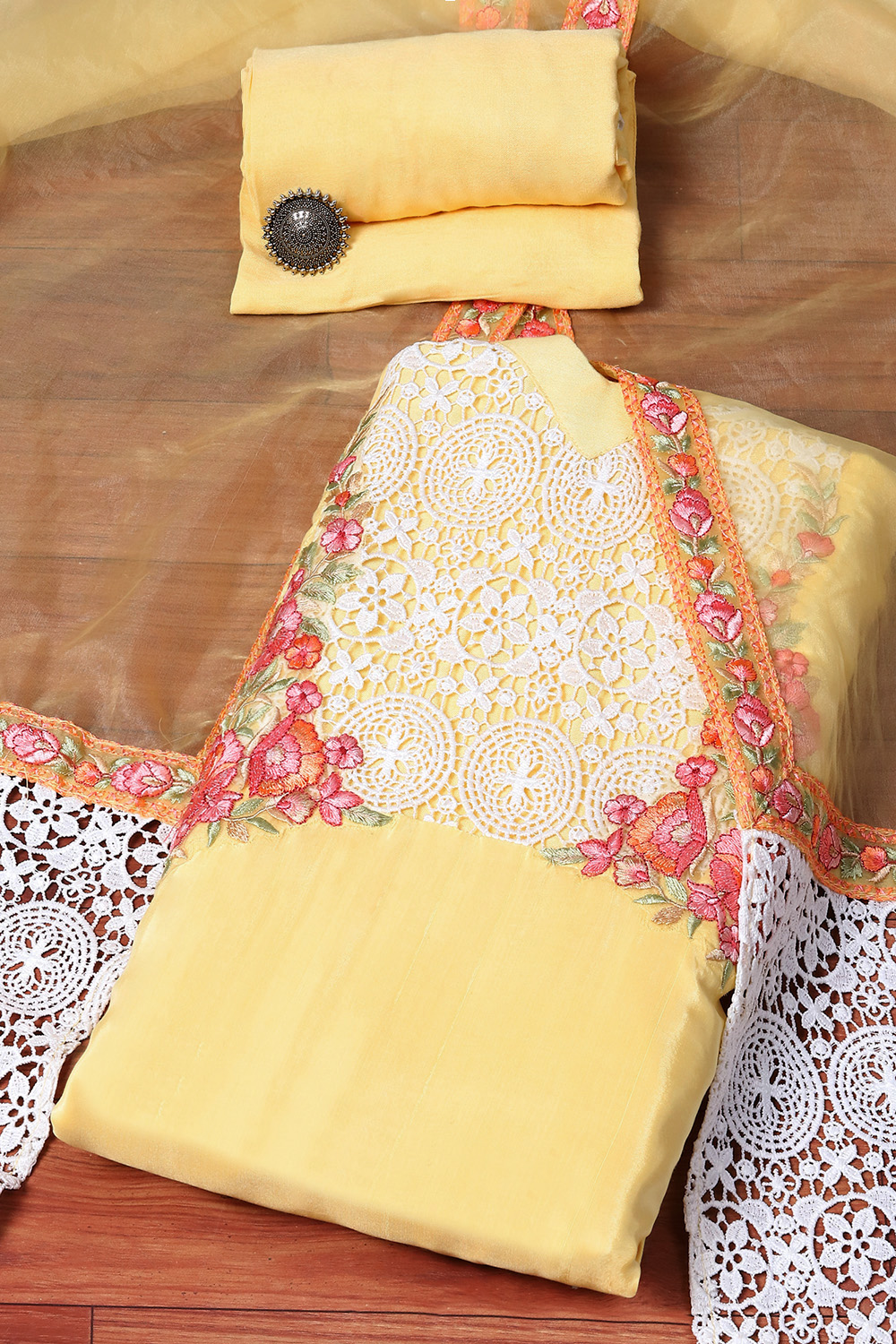 Pastel Yellow Muslin Lace Unstitched Suit Set image number 0