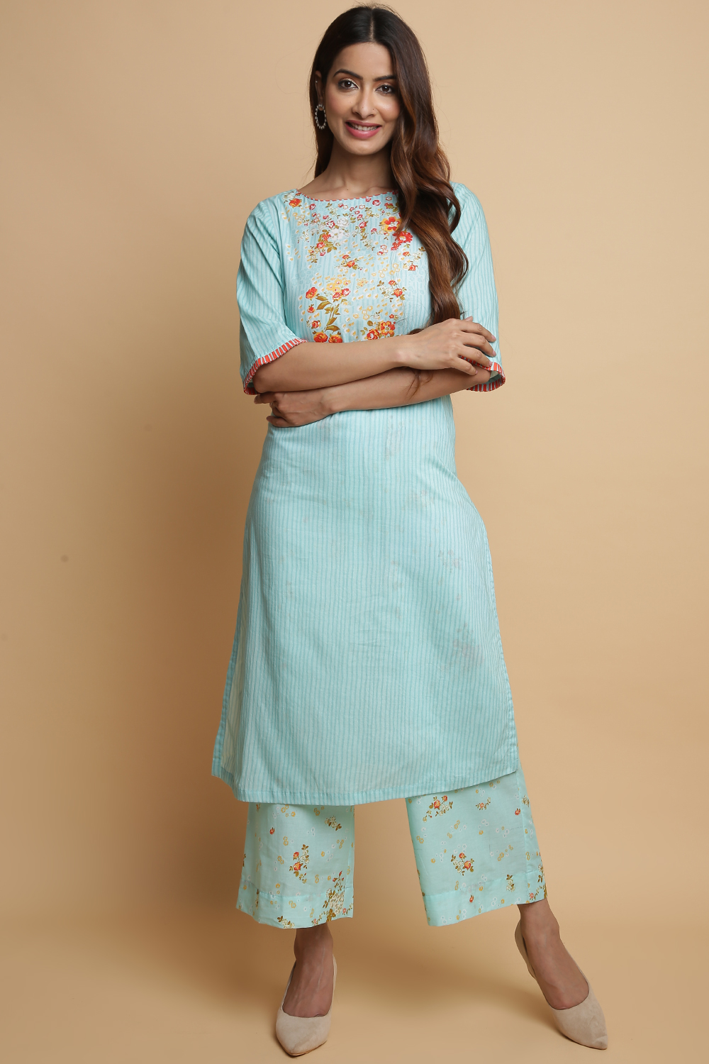 Mint Cotton Straight Kurta Pants Set image number 0