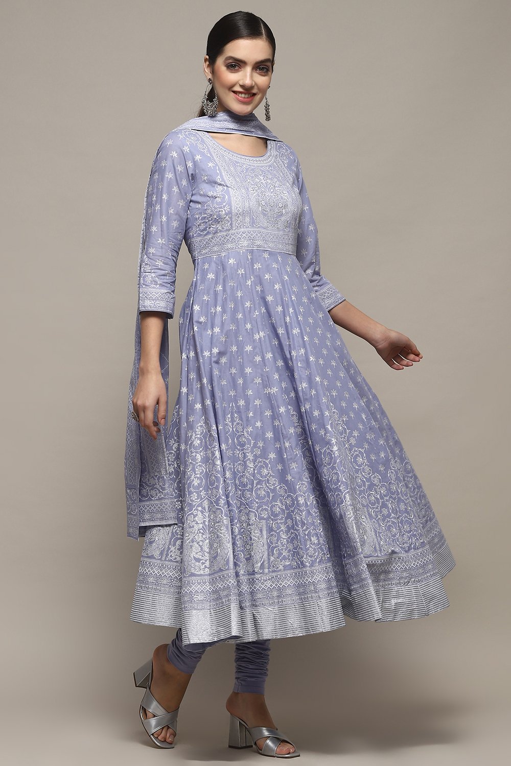 Powder Blue Cotton Anarkali Suit Set image number 6