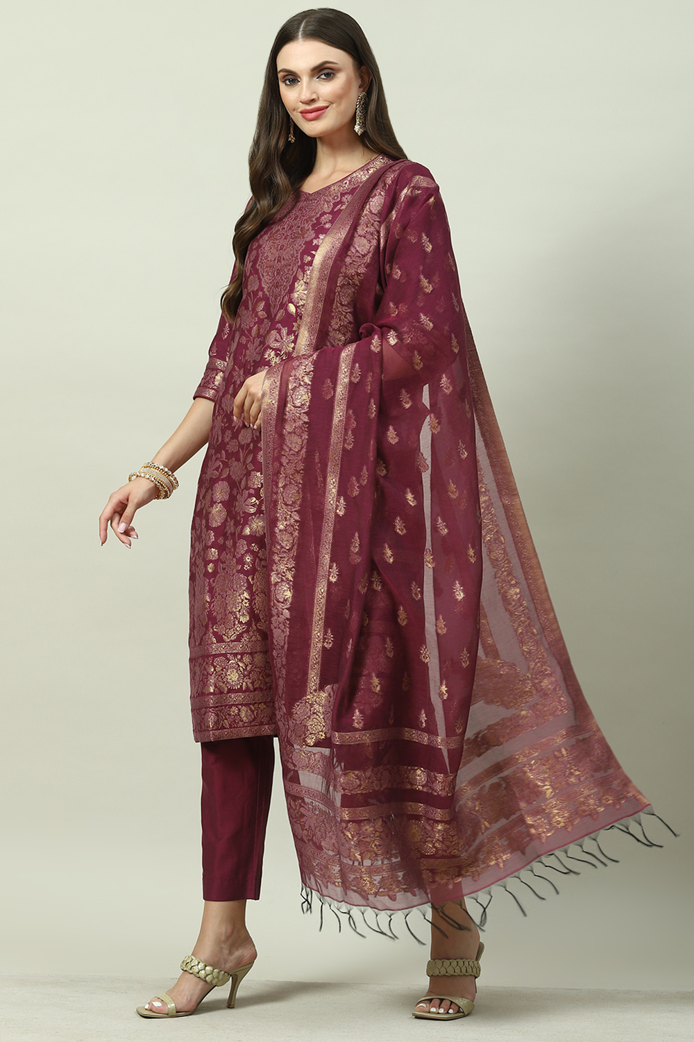 Plum Art Silk Straight Kurta Slim Pants Suit Set image number 5