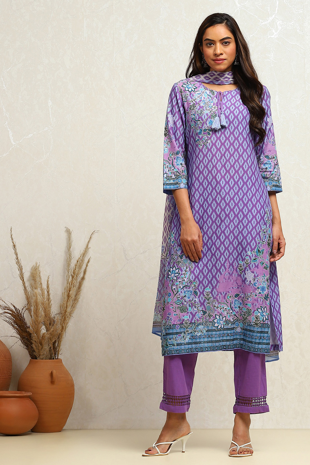 Purple Cotton Printed Straight Suit Set image number 0