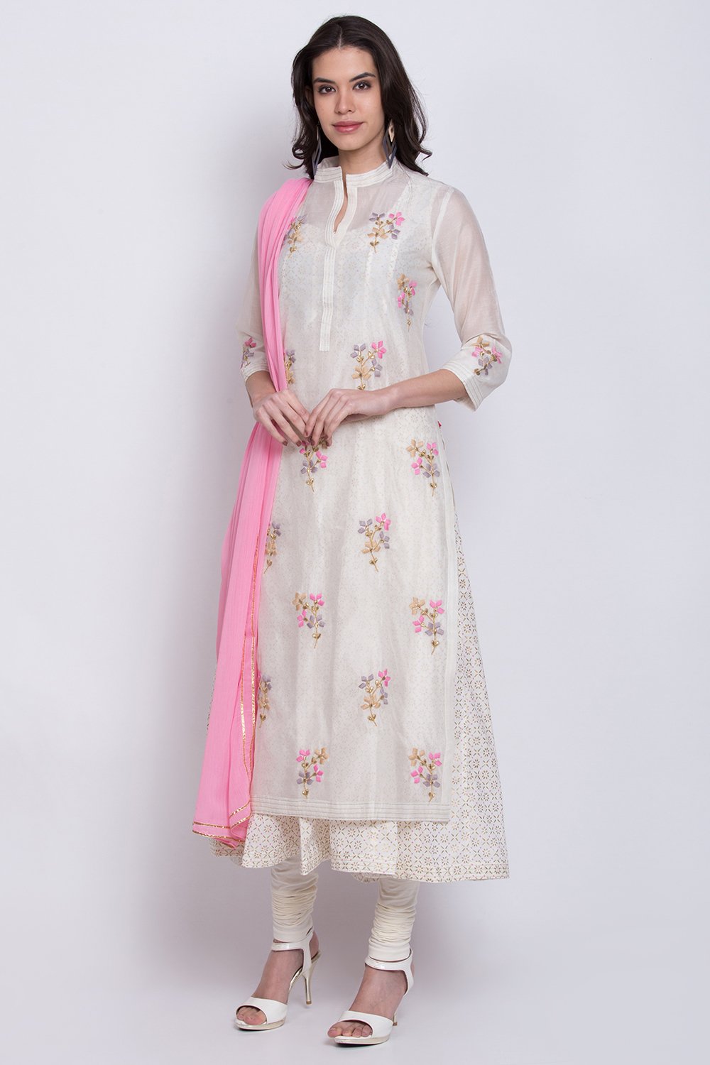 Off White Poly Cotton Flared Kurta Churidar Suit Set image number 2