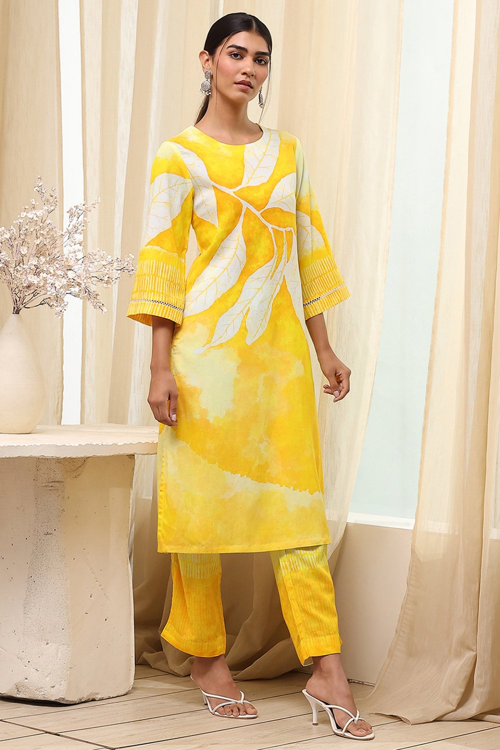 Turquoise Viscose Blend Straight Printed Fusion Set image number 5