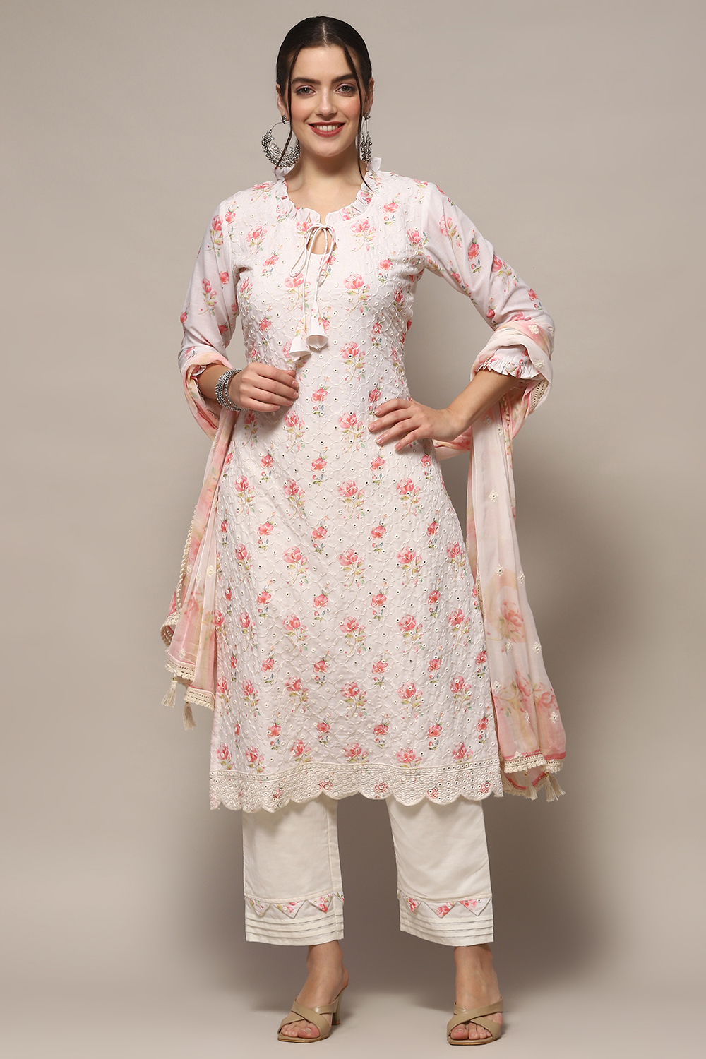 White Pink Cotton Unstitched Suit set image number 8