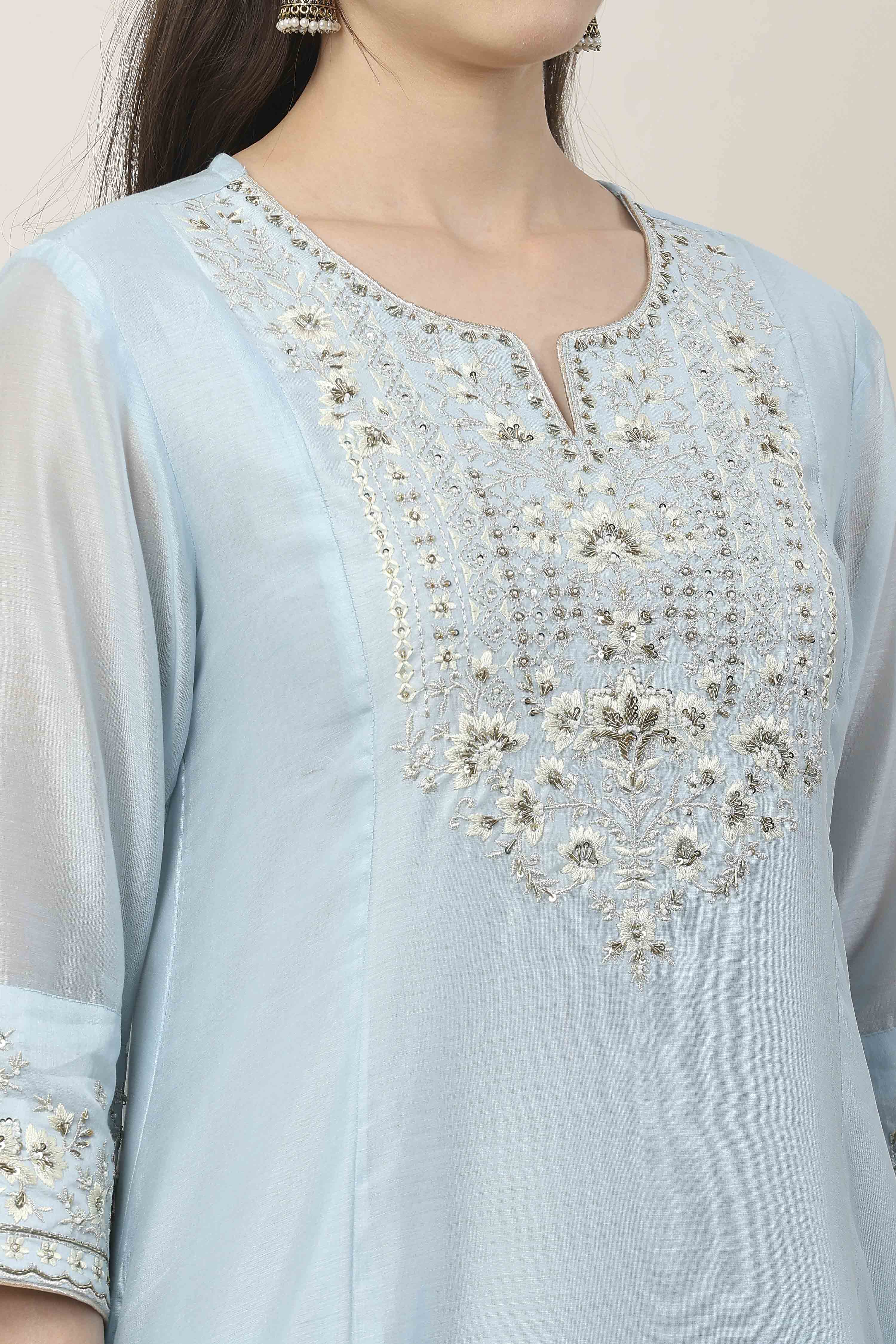 Blue Silk Chanderi Yoke Embroidered Kalidar Suit Set image number 1