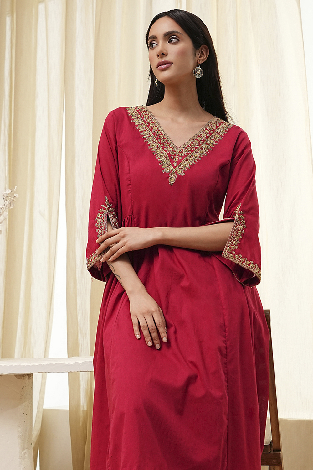 Red Cotton Solid A-Line Kurta image number 6