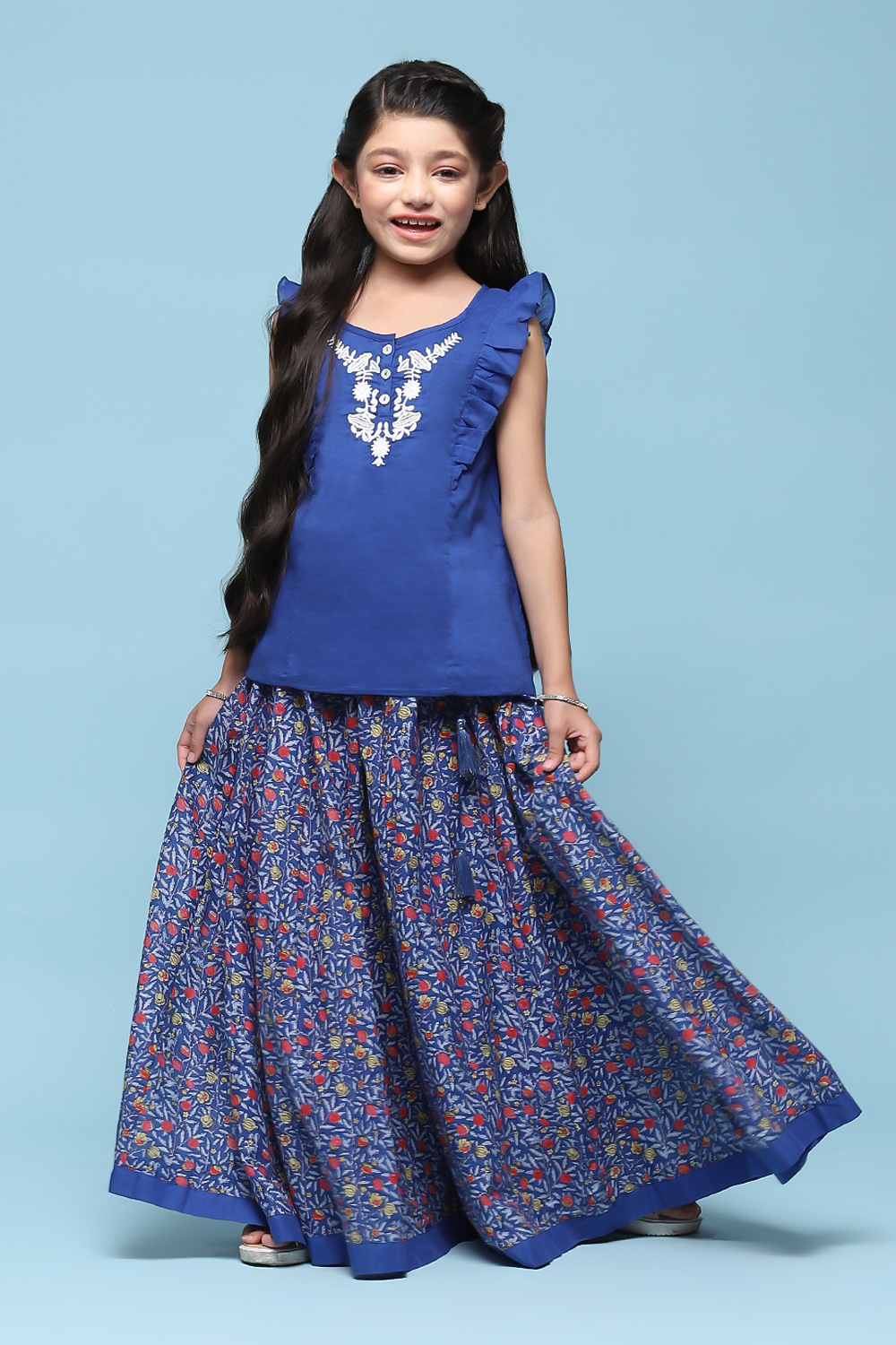 Buy Blue Cotton Straight Printed Kurta Skirt Suit Set for INR1150.00 ...