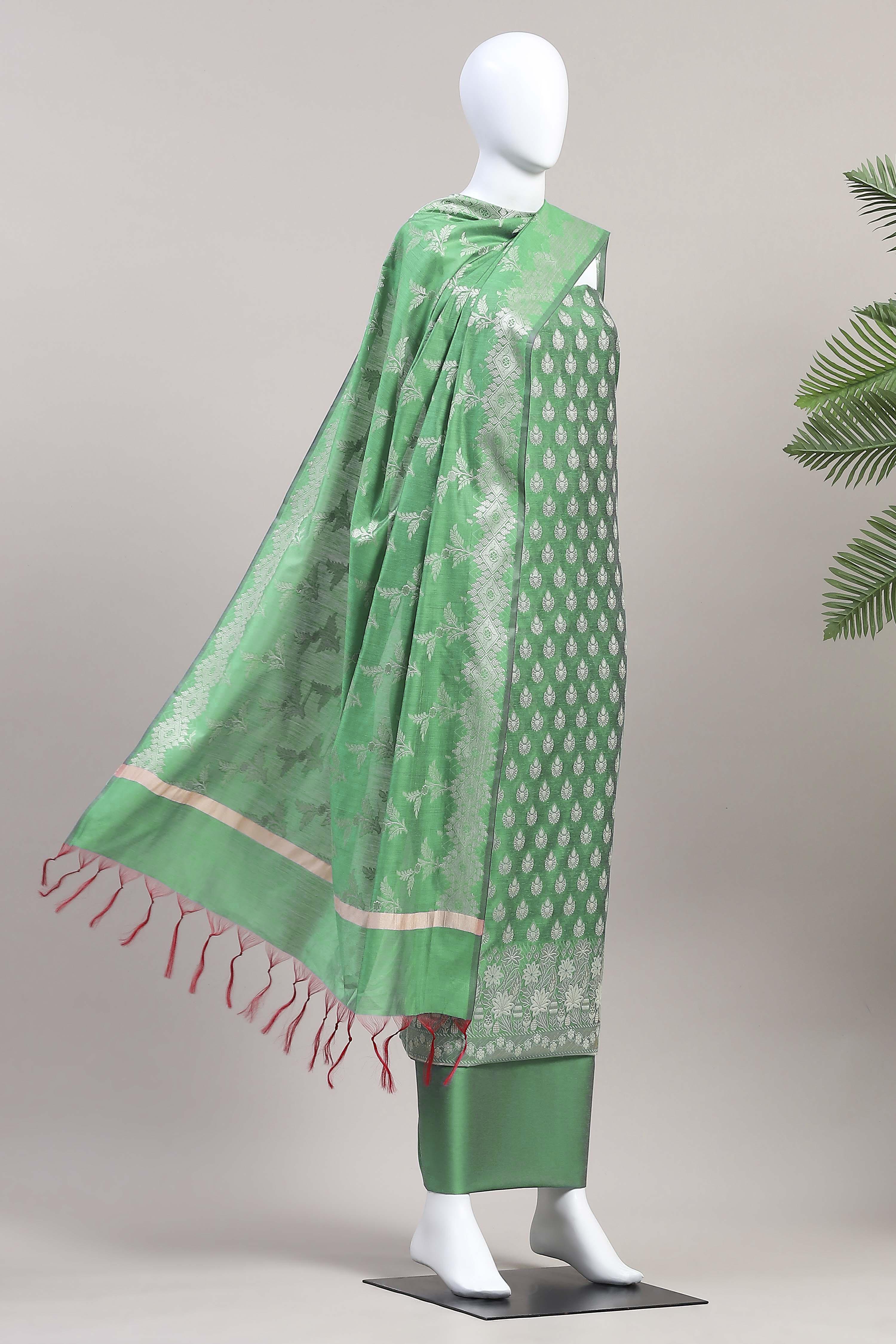Blue Cotton Printed Embroidered Unstitched Suit Set image number 4