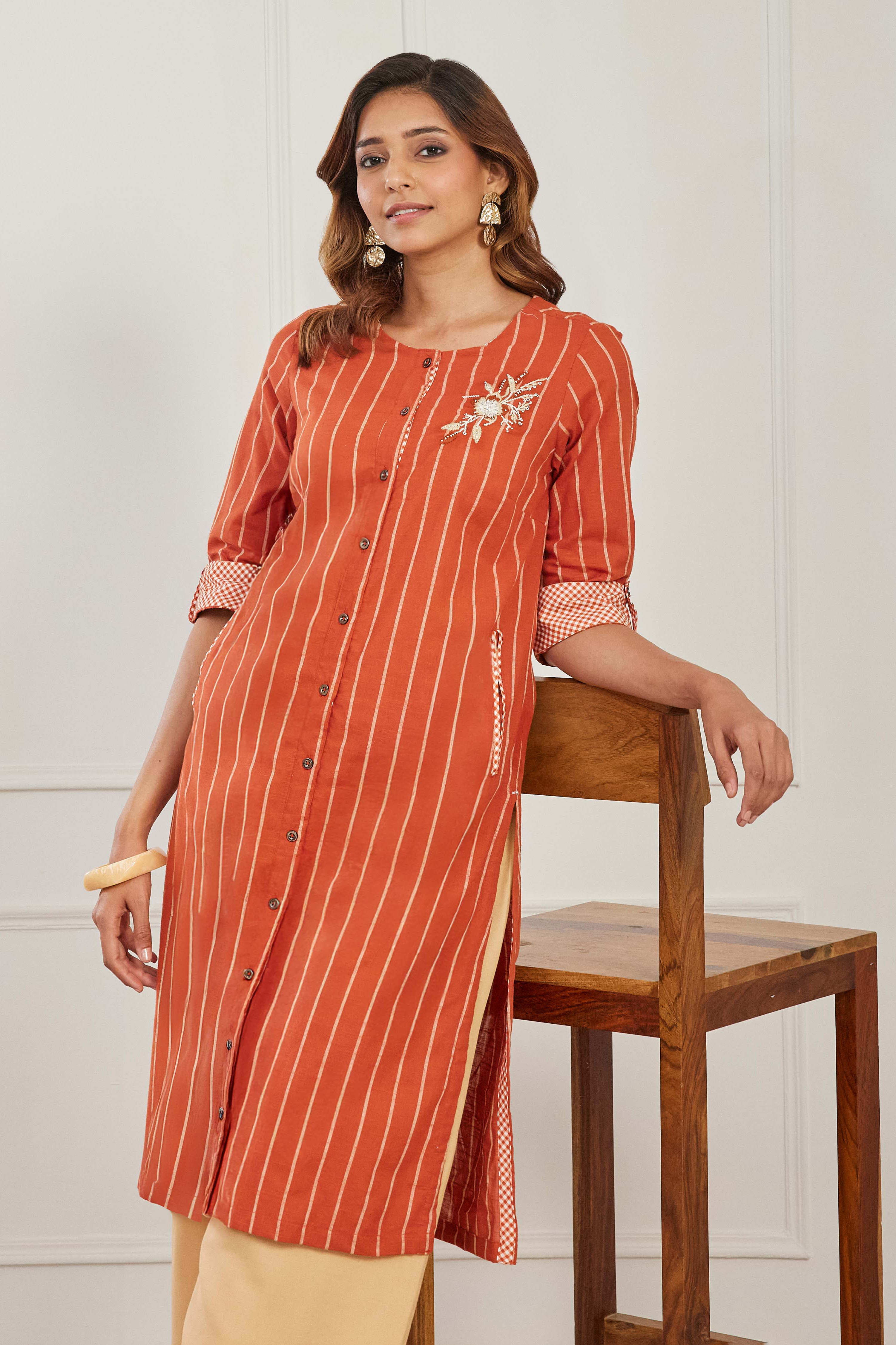 Brown Cotton Straight Kurta image number 6