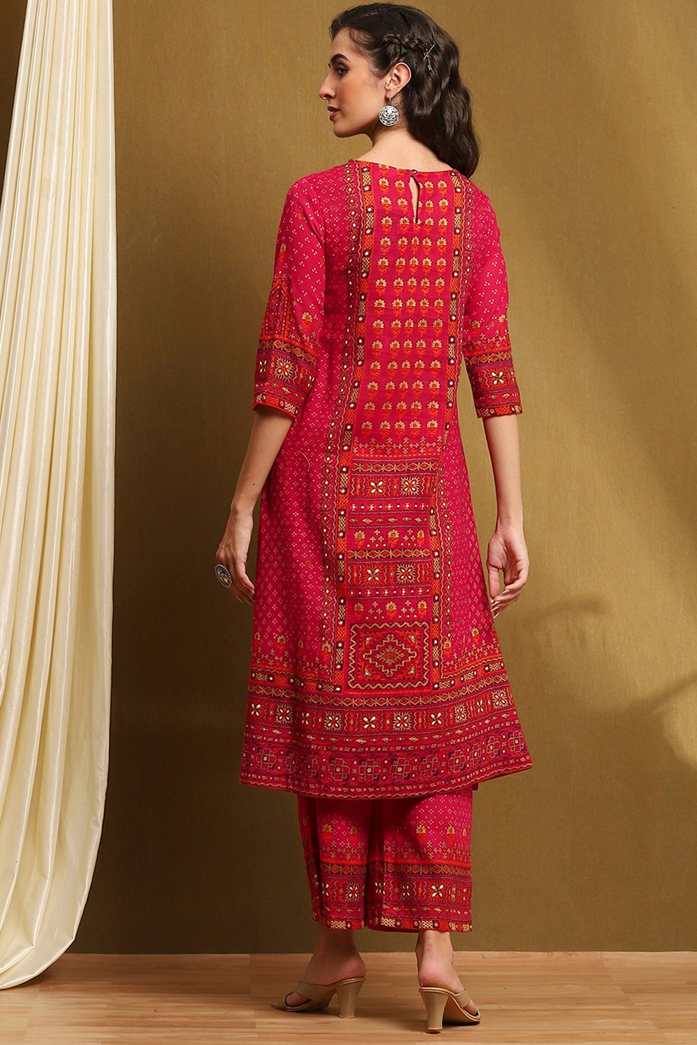 Fuchsia Cotton Printed A-Line Kurta Set image number 4