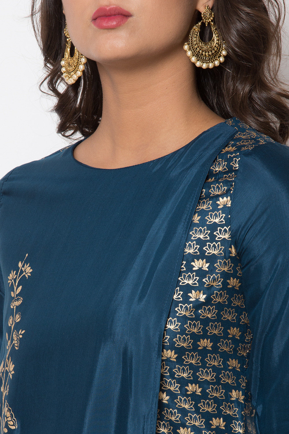 Navy Blue Viscose A-Line Printed Kurta image number 1