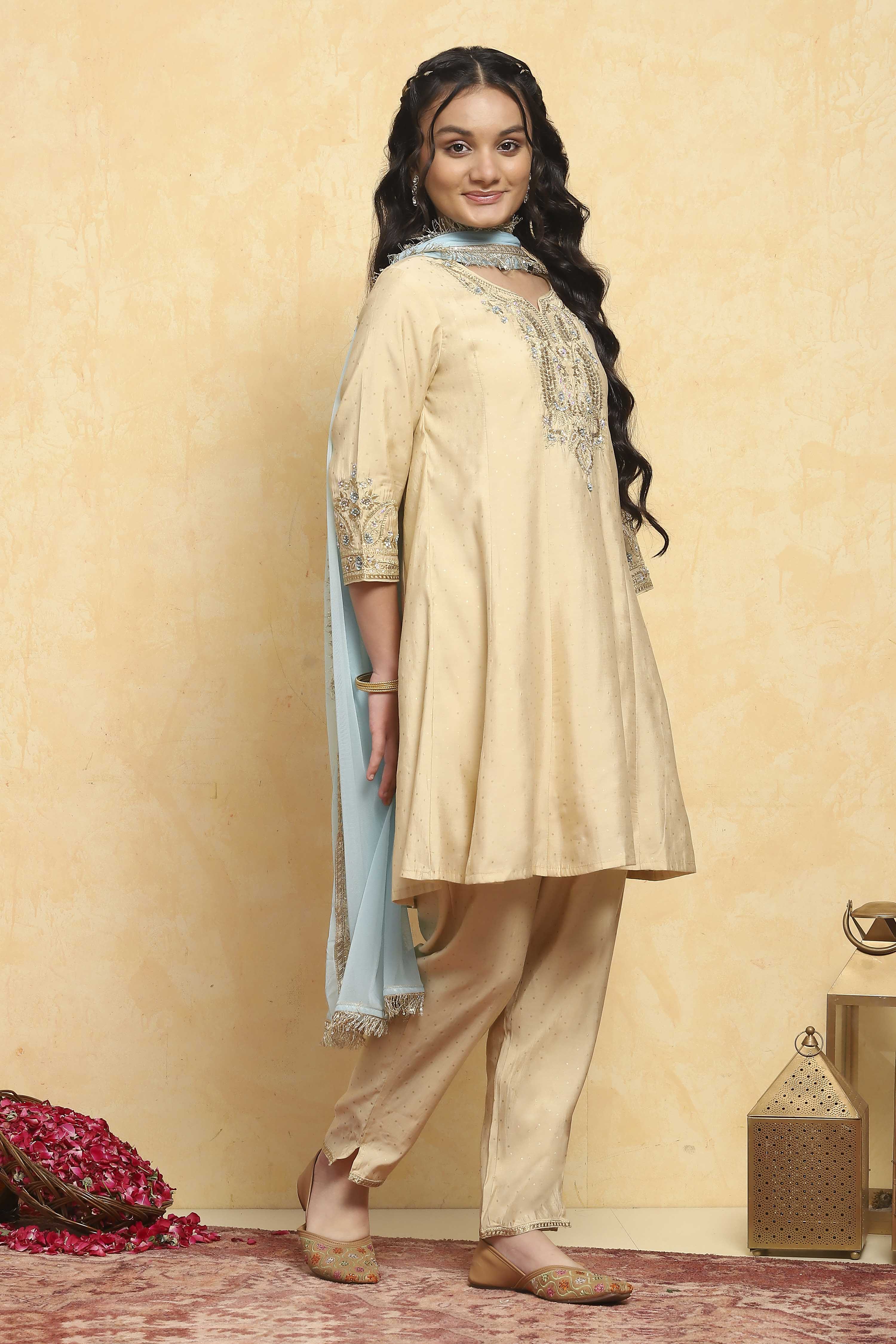Beige Viscose Blend Kalidar Suits image number 5
