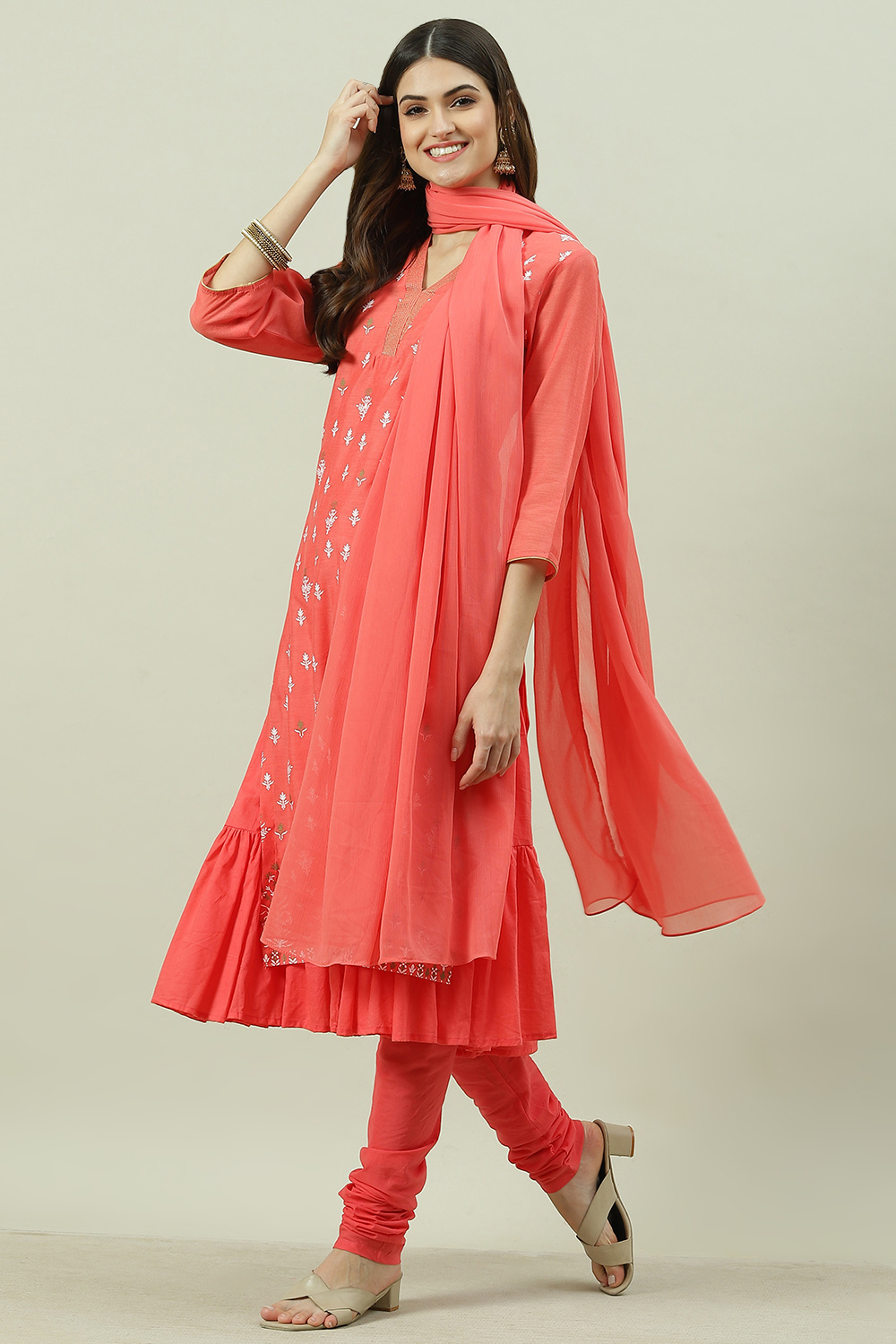 Coral Printed Layered Kurta Churidar Suit Set image number 6