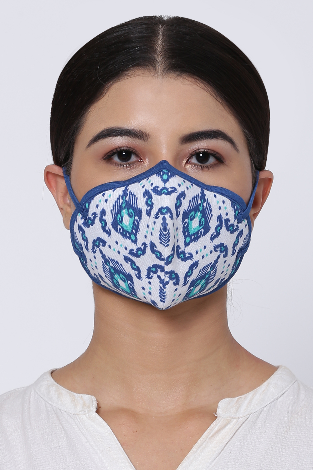 White Cotton Flax Printed Face Mask image number 0