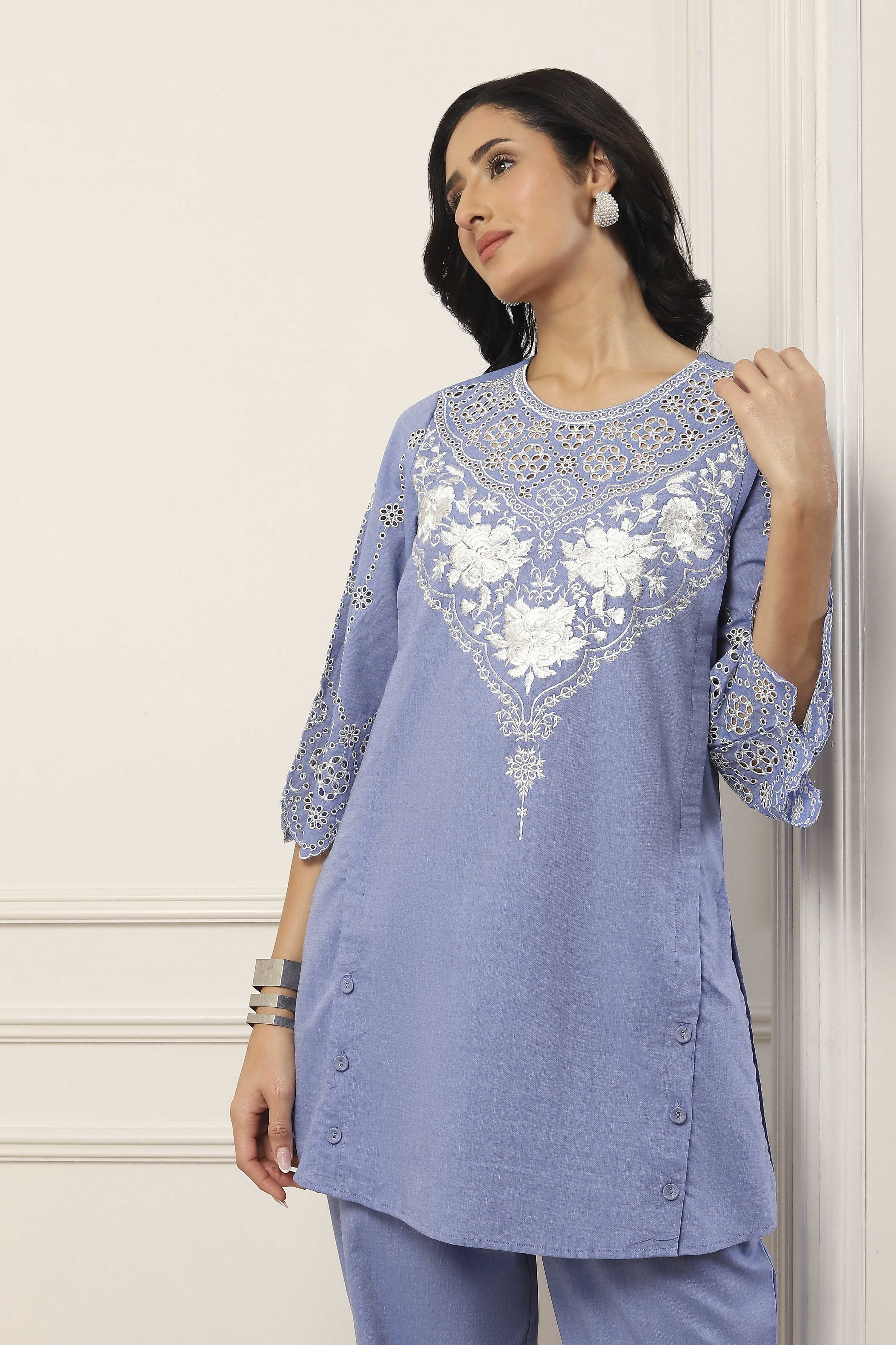 Blue Cotton Embroidered Cutwork Straight Suit Set image number 7