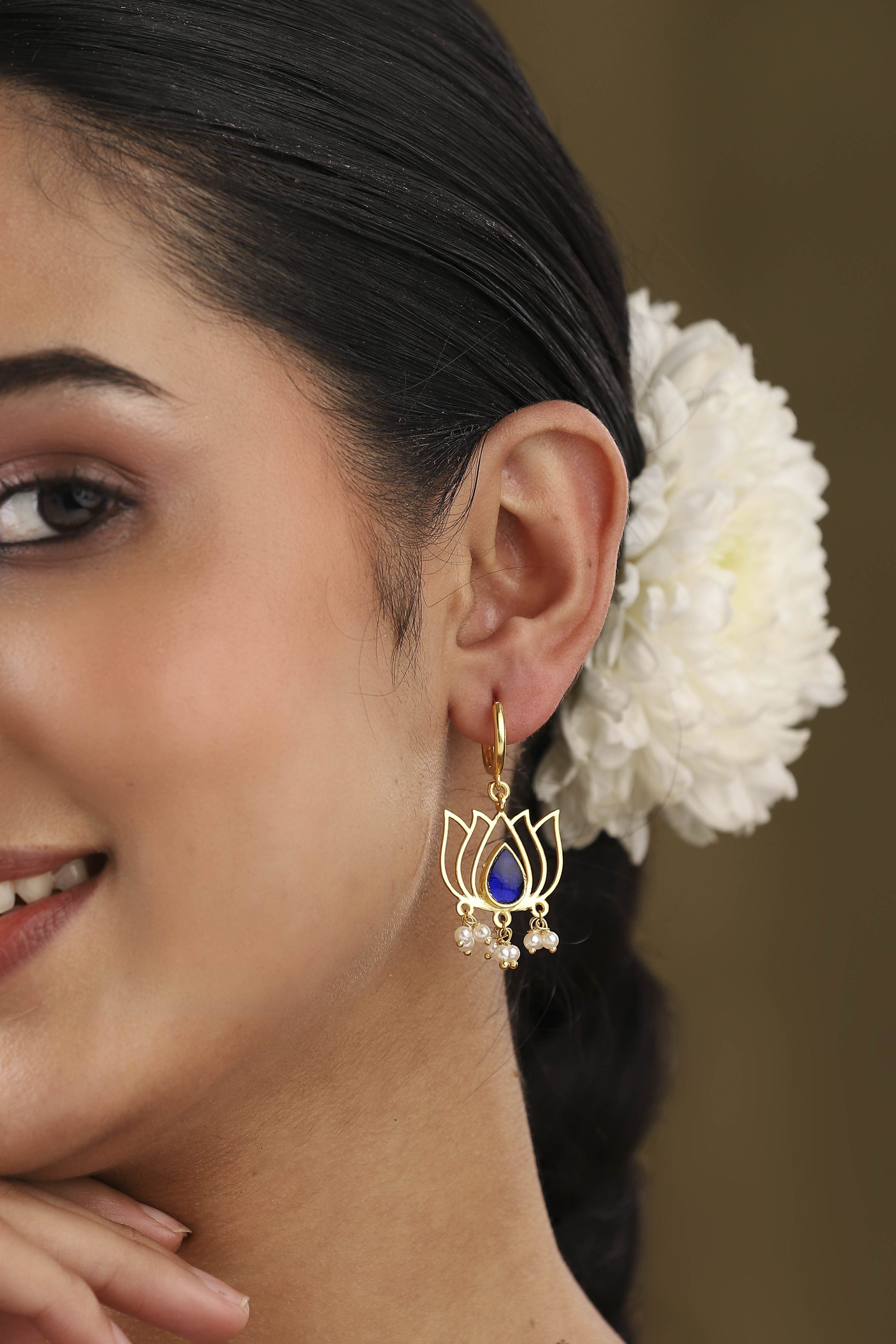 Navy Blue Gold Plated Brass Floral Drop Earrings image number 1