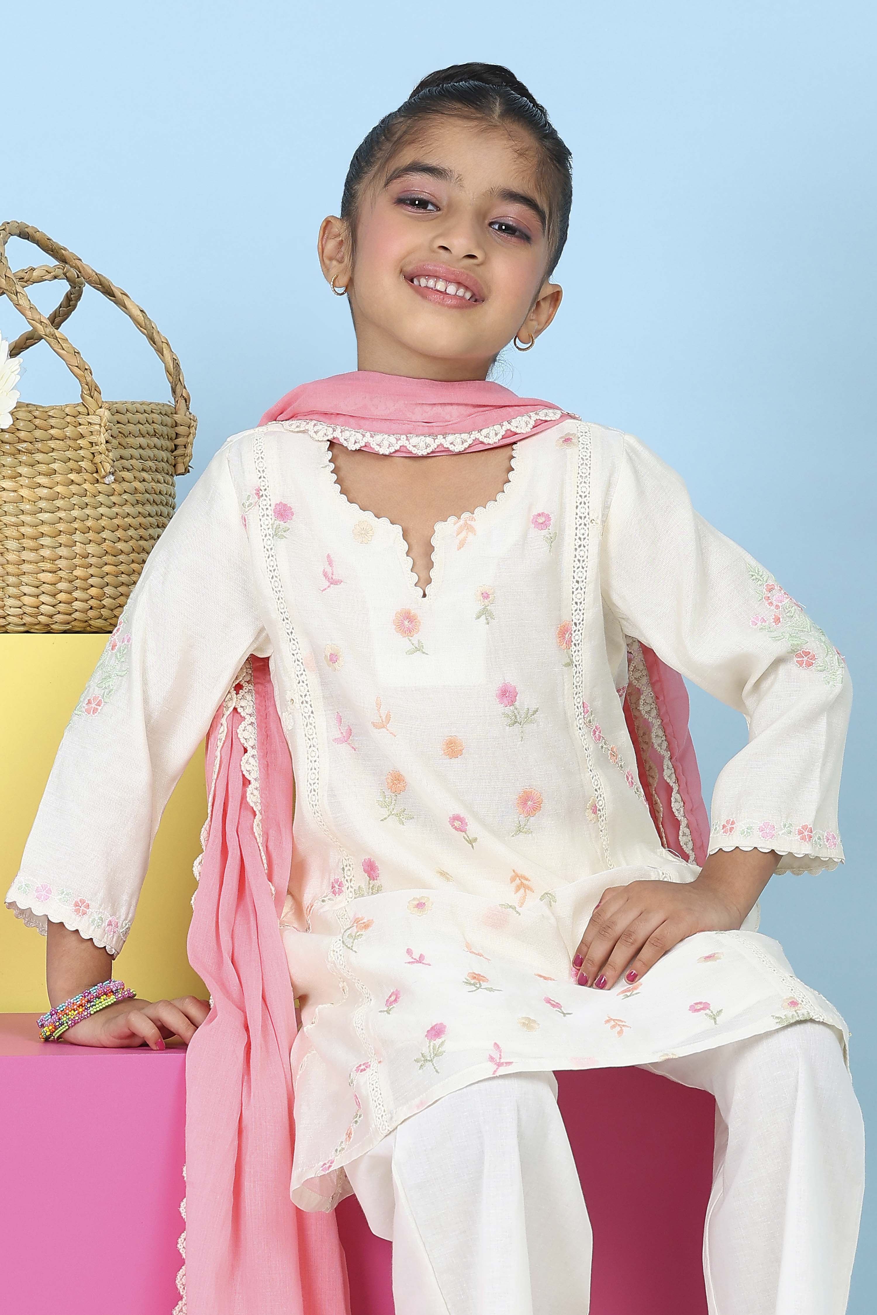 White Poly Chanderi Floral Printed A-Line Suit Set image number 7