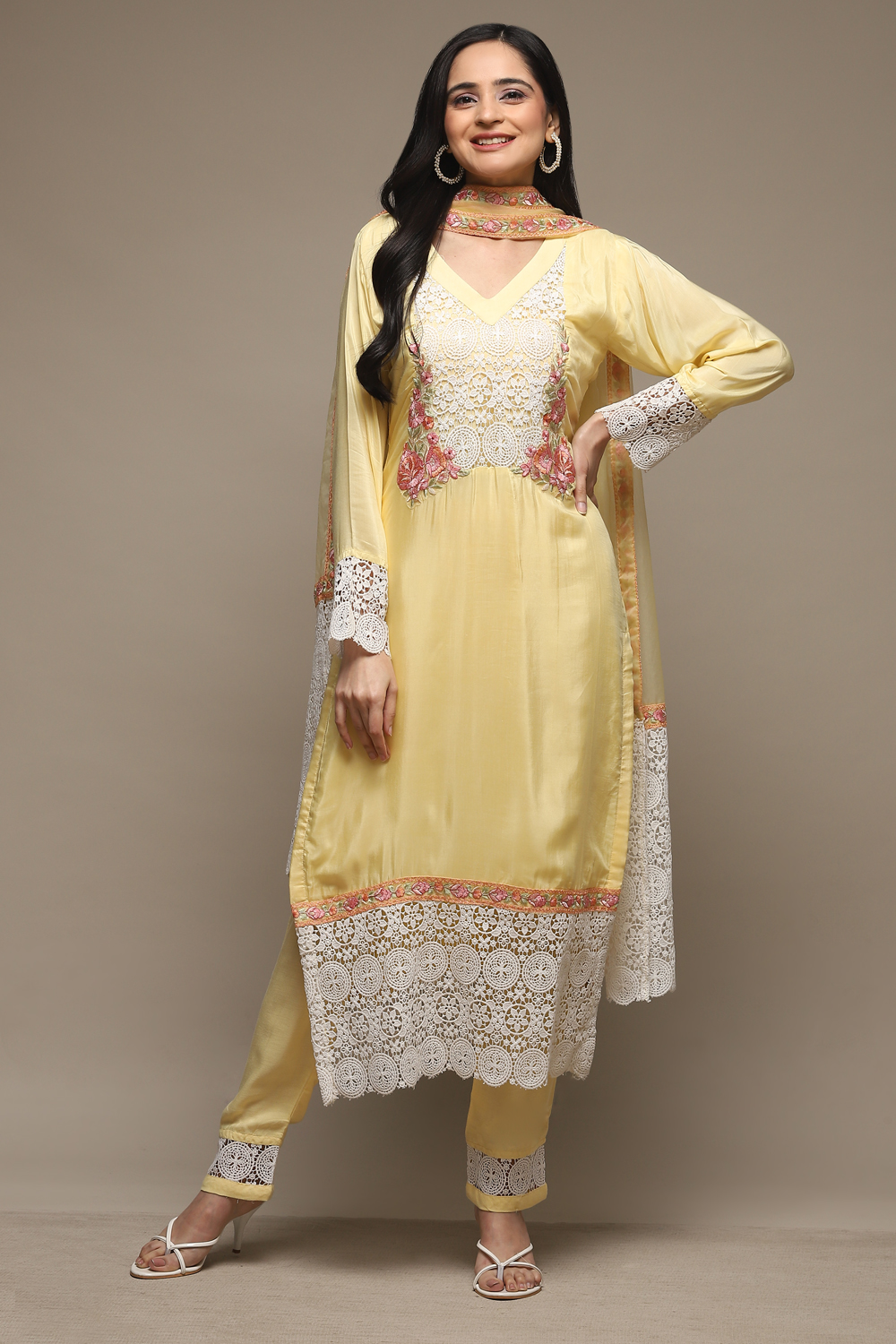Pastel Yellow Muslin Lace Unstitched Suit Set image number 1