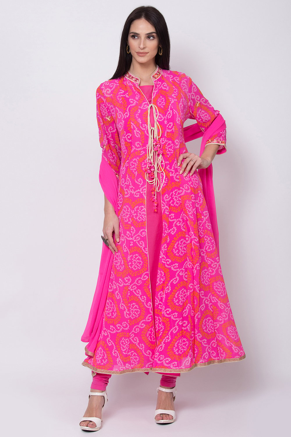 Pink Art Silk Front Open Kurta Churidar Suit Set image number 2