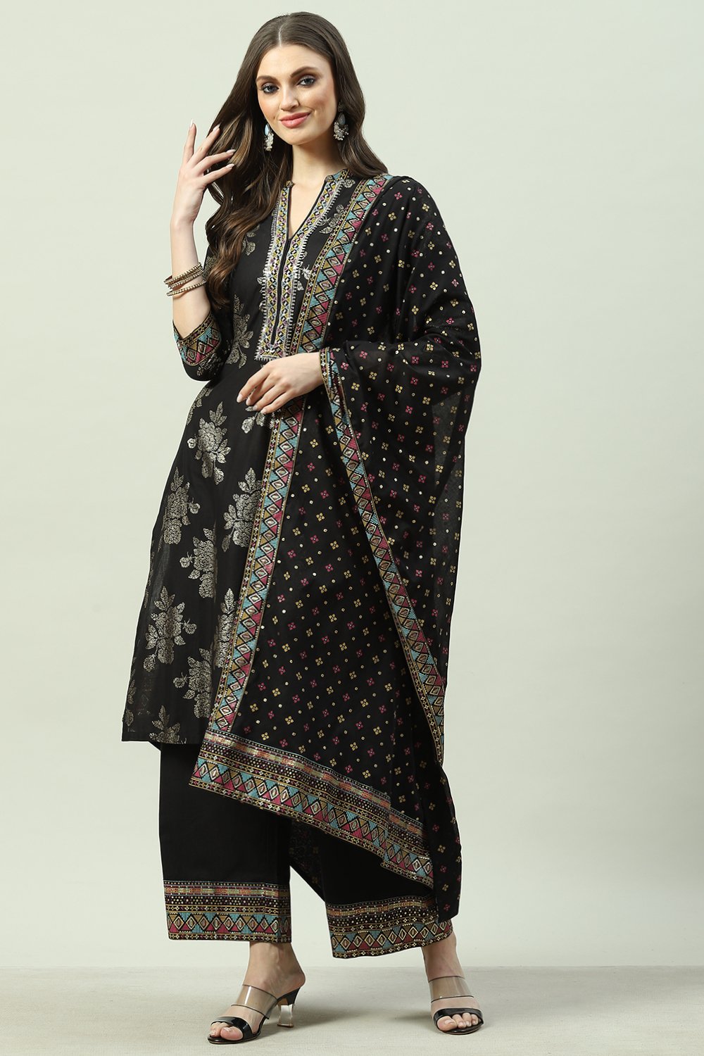 Black Cotton Straight Kurta Palazzo Suit Set image number 2