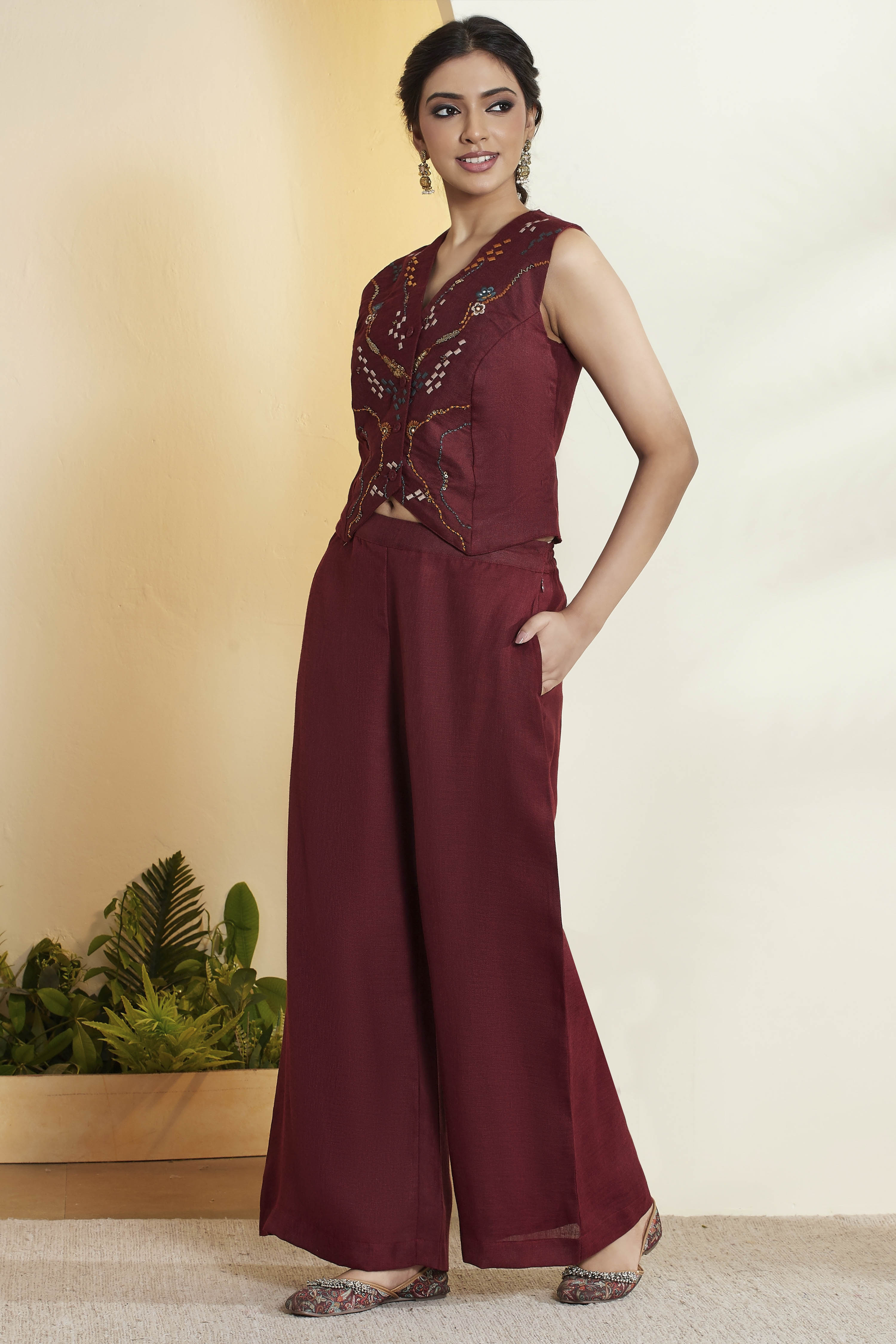 Maroon Embroidered Sleeveless Fusion Set image number 4