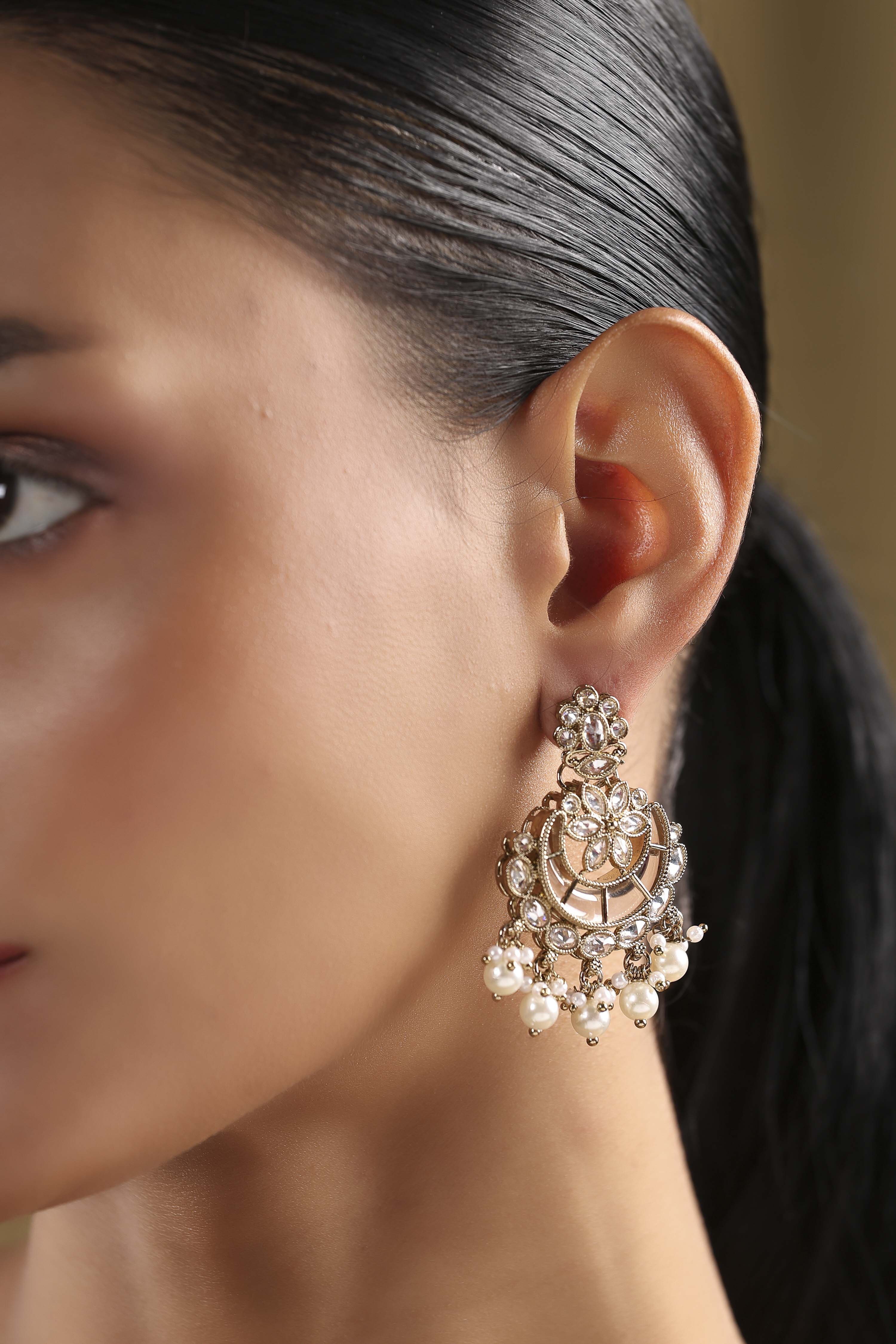 White Gold Plated Alloy Studded Chandbalis image number 1
