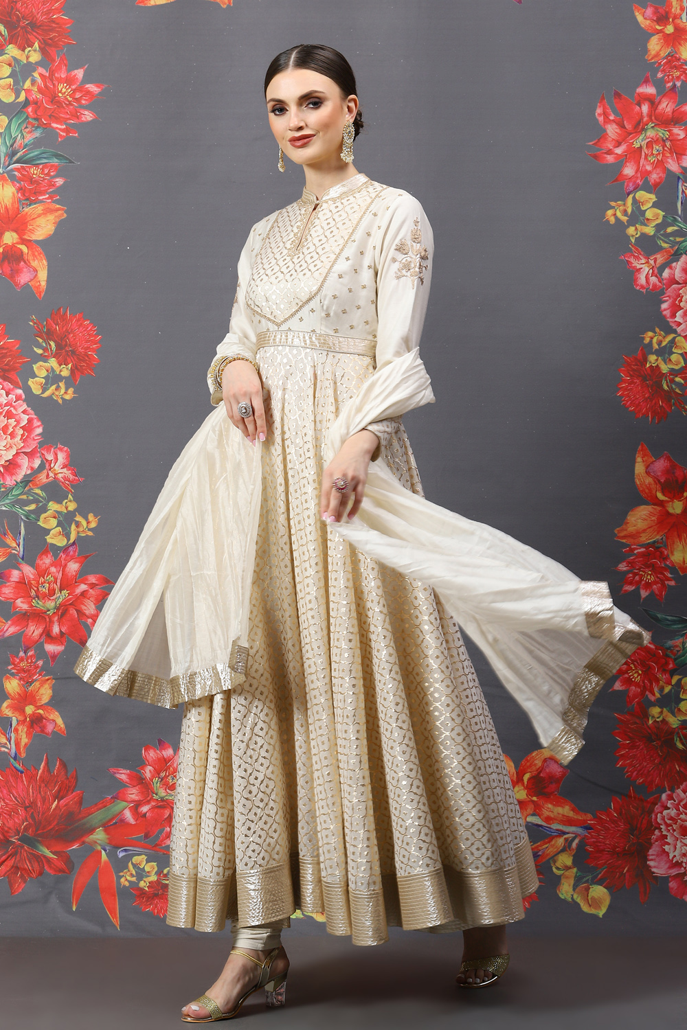 Rohit Bal Cream Cotton Silk Anarkali Yarndyed Suit Set image number 5