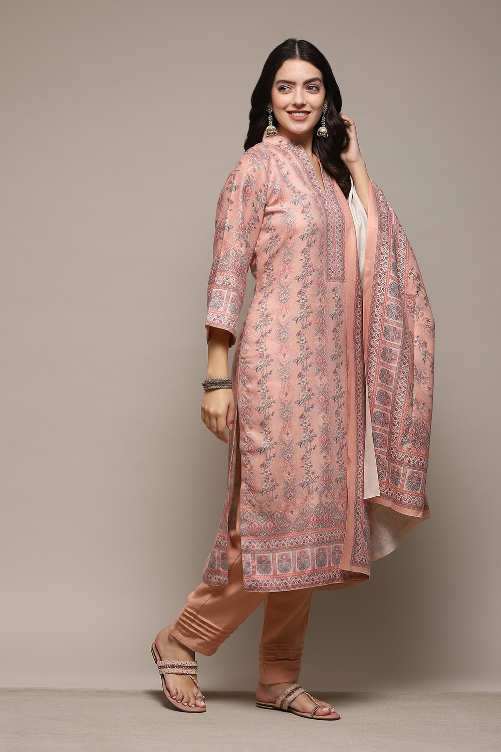 Pink Viscose Silk Placement Print Unstitched Suit Set image number 7