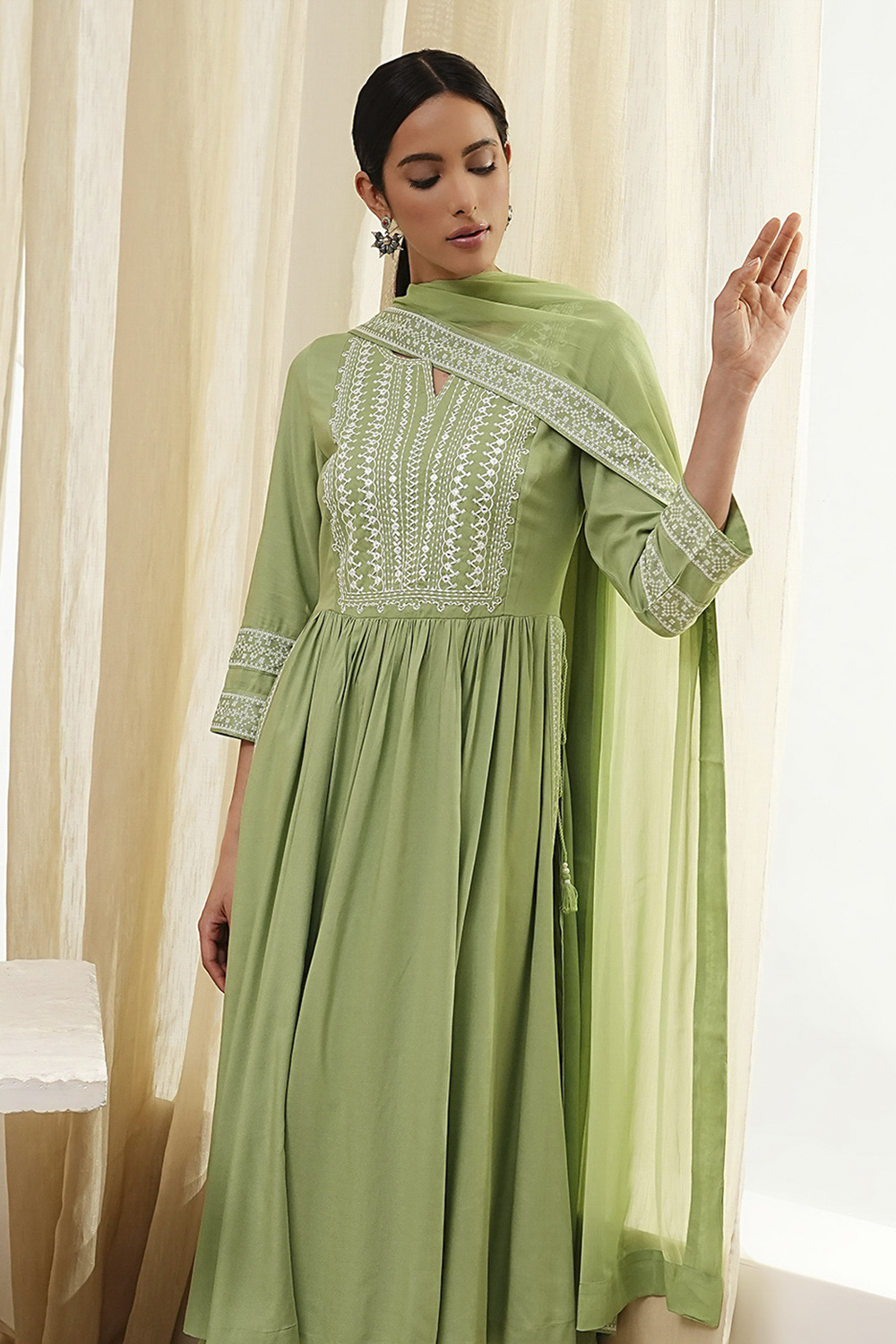 Olive Green Embroidered Gathered Suit Set image number 7