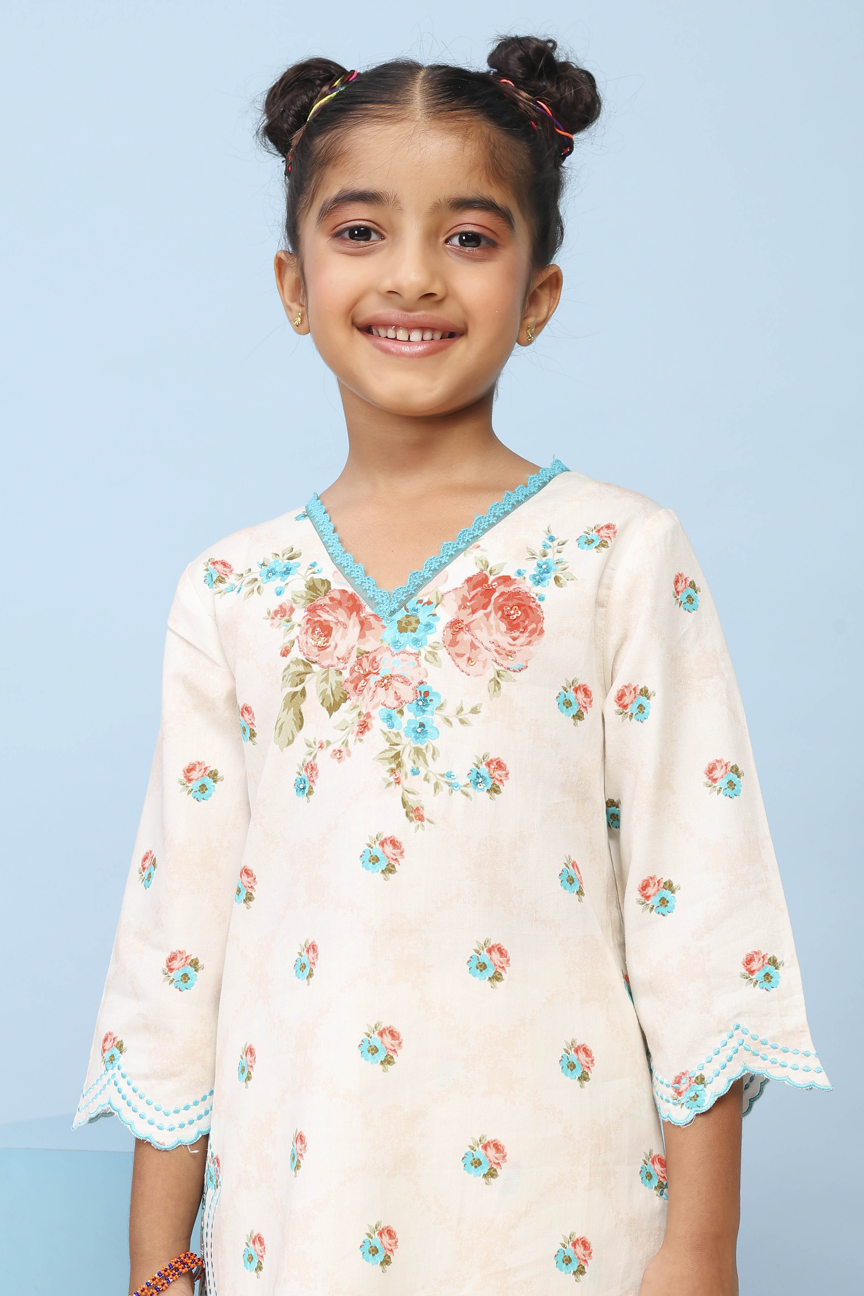 White Cotton Satin Printed Straight Suit Set image number 1