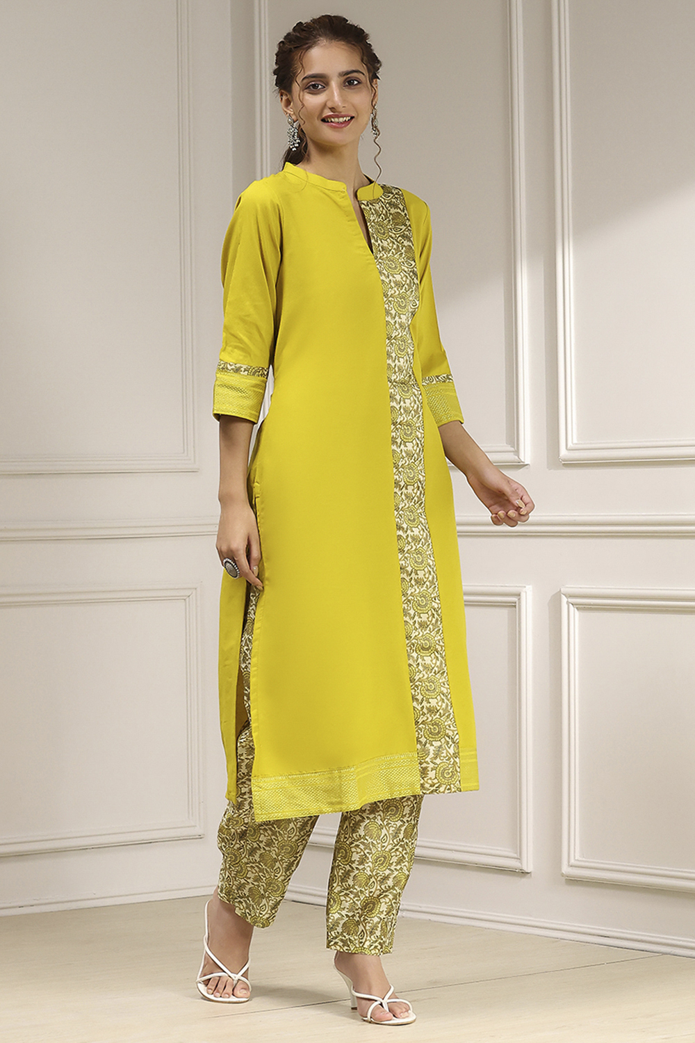 Mustard Cotton Modal Digital Print Unstitched Suit Set image number 6