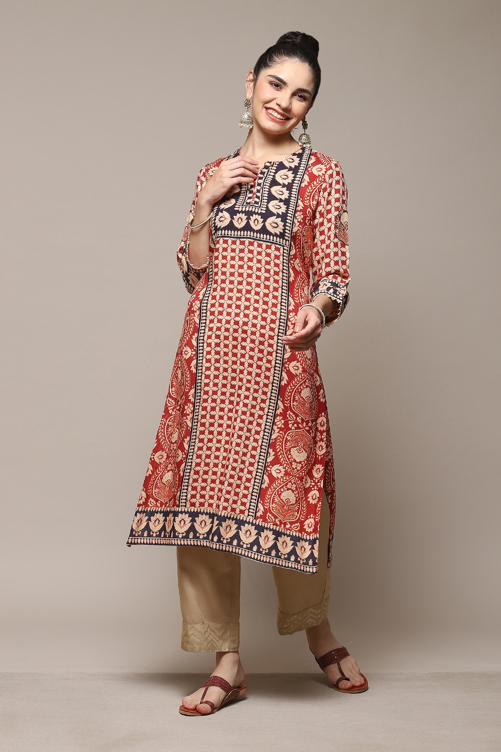 Ochre LIVA Straight Printed Kurta image number 0