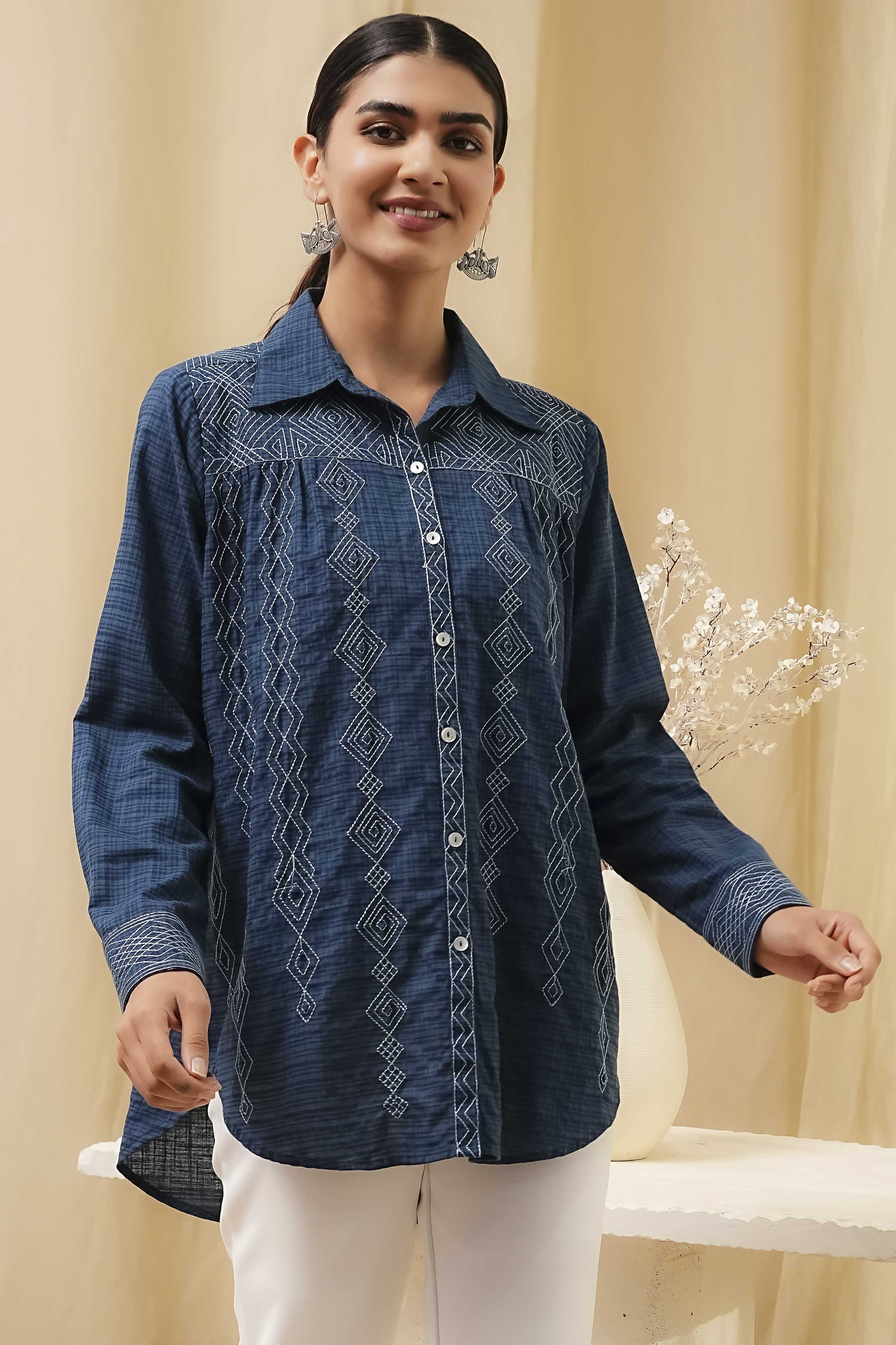 Blue Cotton Blend High-Low Straight Shirt image number 5