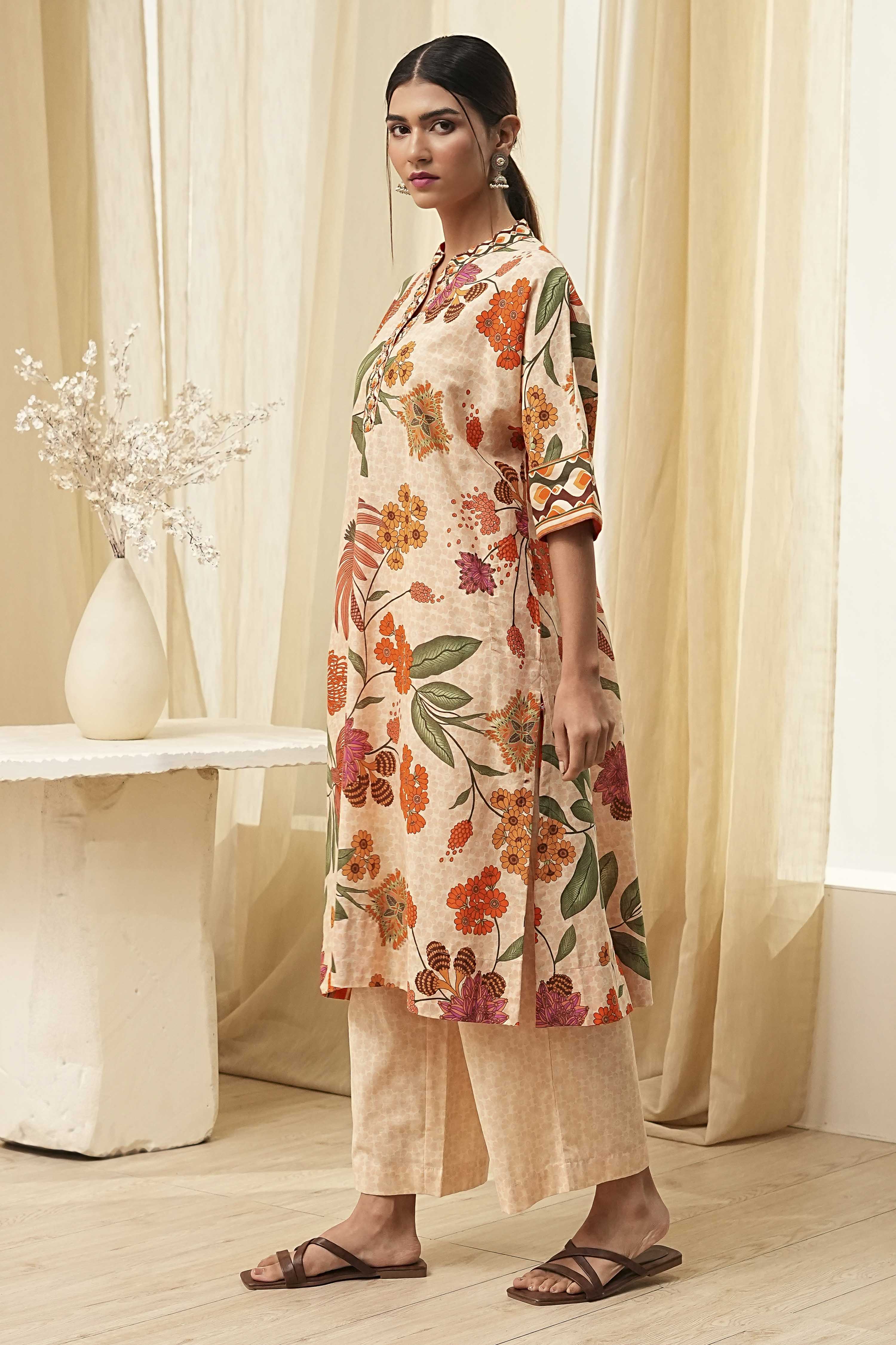 Beige Cotton Blend Straight Kurta Set image number 3