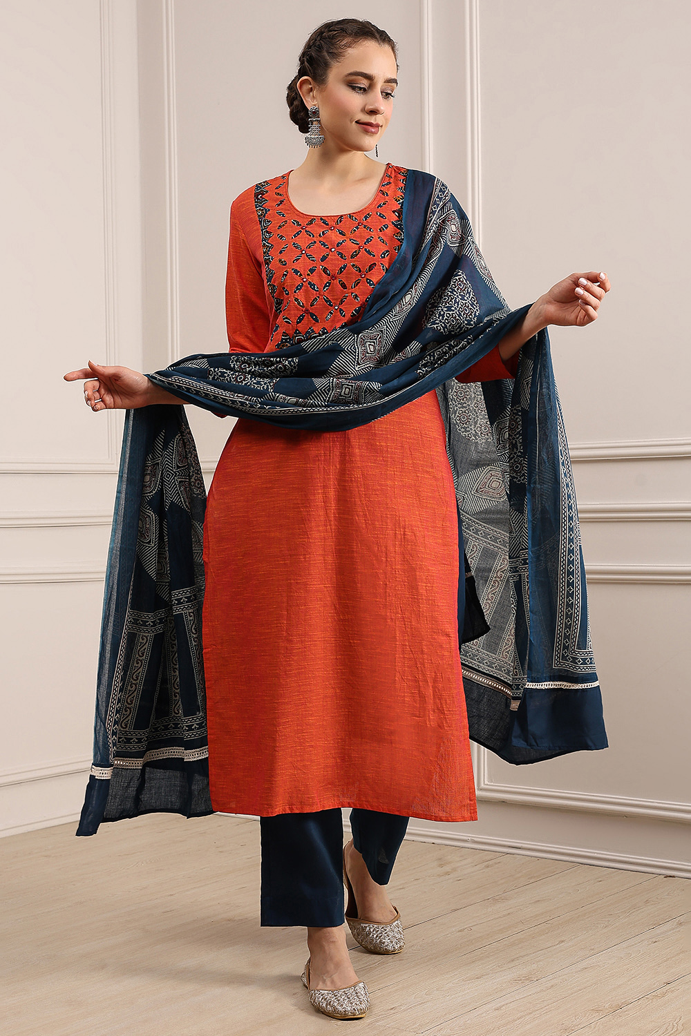 Orange Cotton Handloom Unstitched Suit Set image number 1