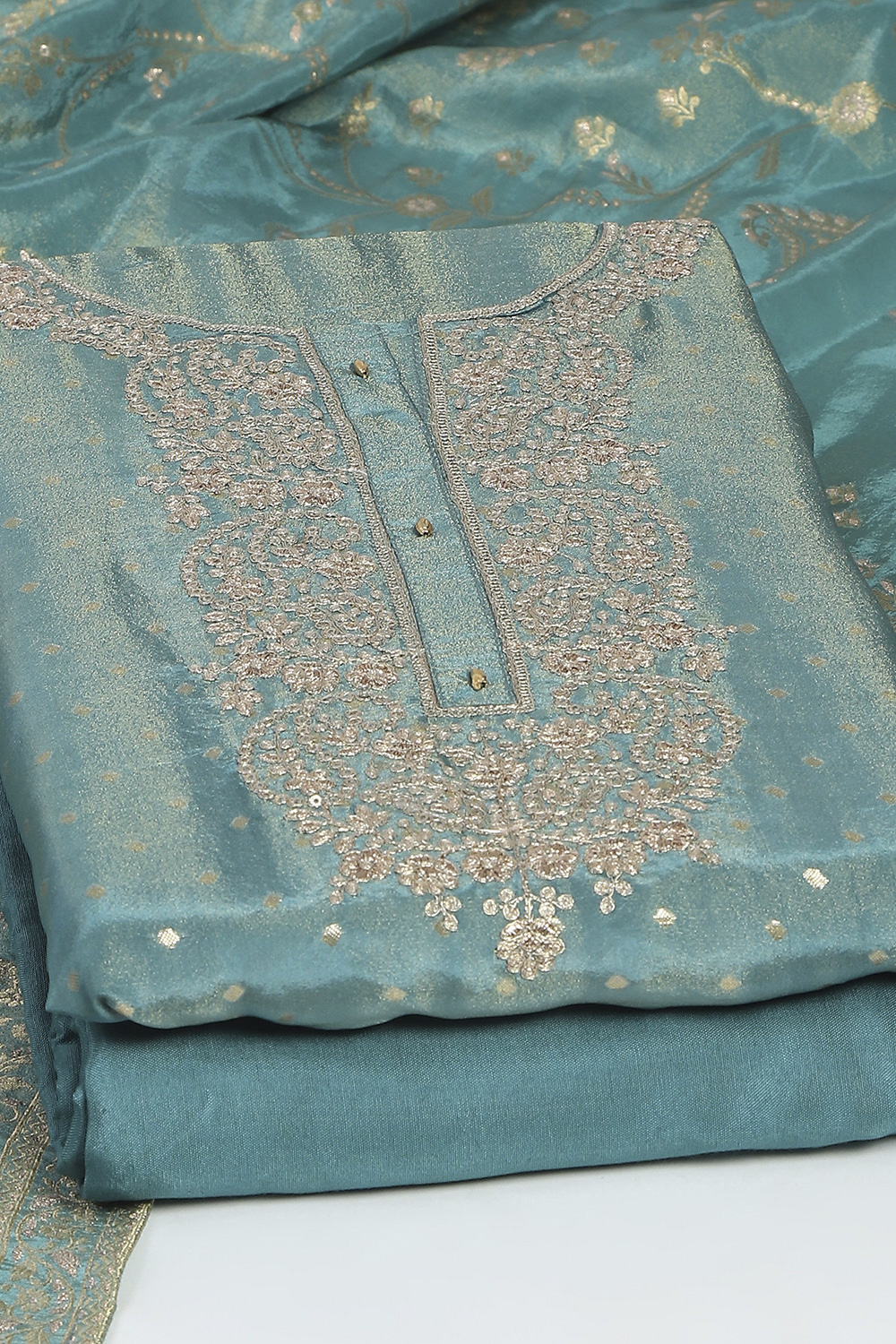 Pastel Blue Tissue Woven Unstitched Suit Set image number 5