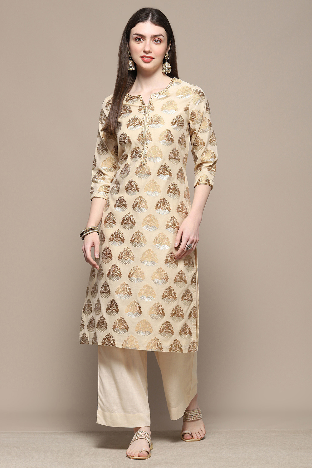 Off White Polyester Straight Kurta image number 5