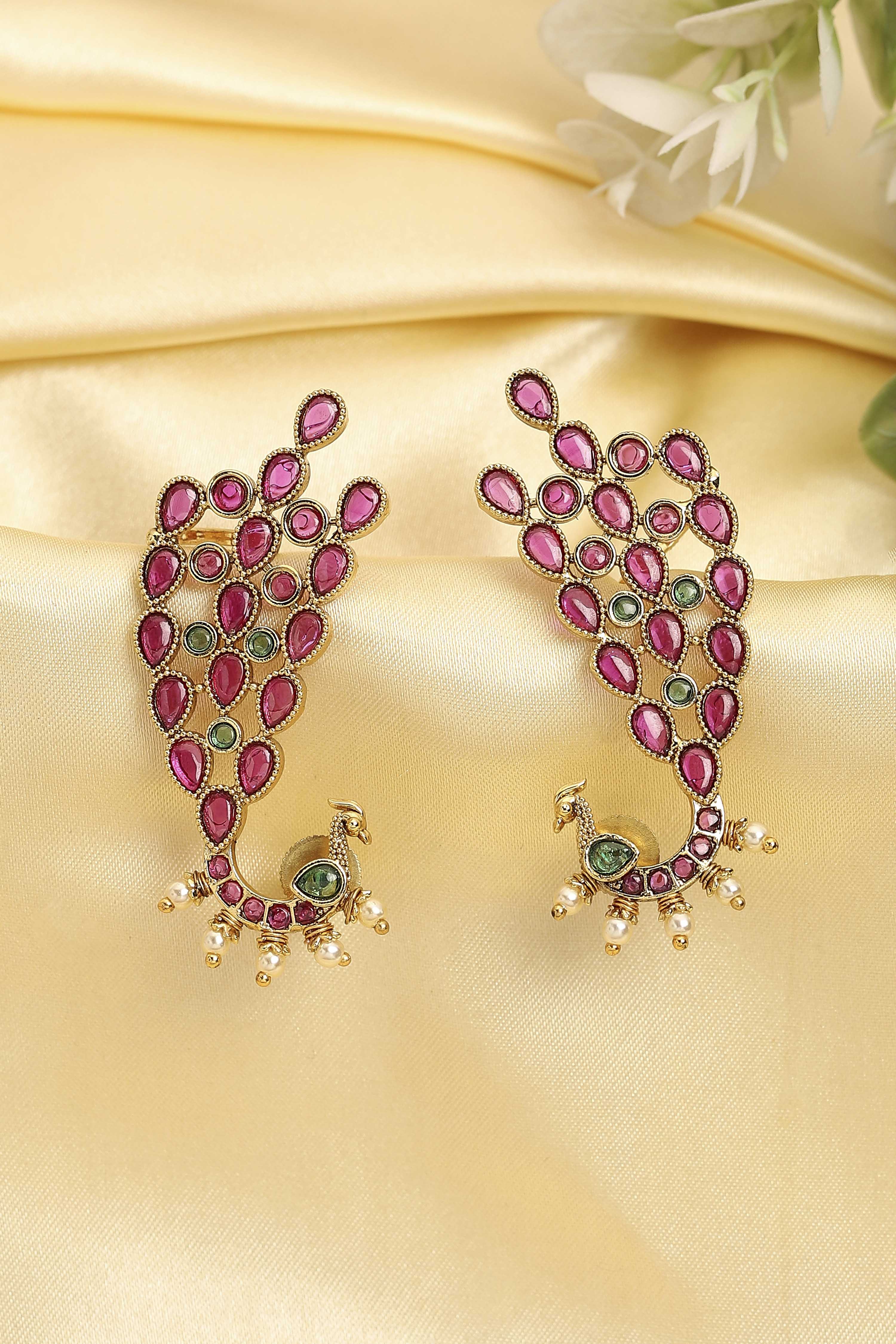 Multicolour Gold Plated Brass Peacock Motif Earcuffs image number 0