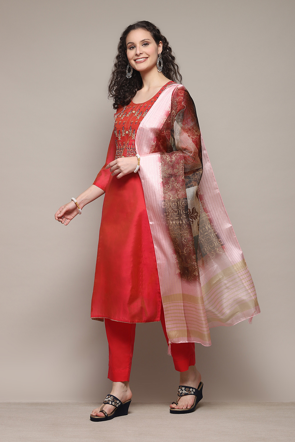 Fuchsia Chanderi Printed Unstitched Suit Set image number 8