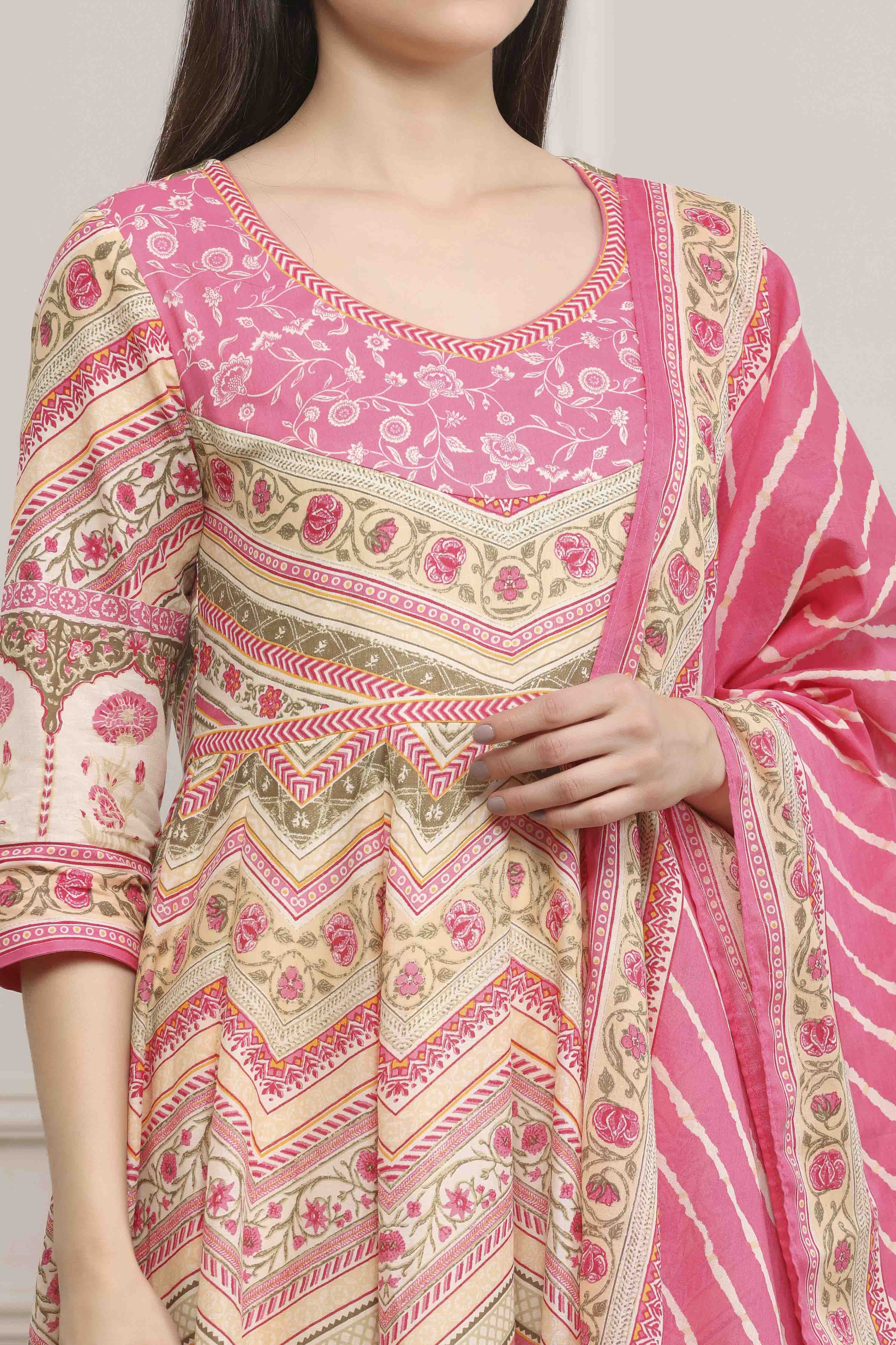 Pink Cotton Printed Anarkali Suit Set image number 1