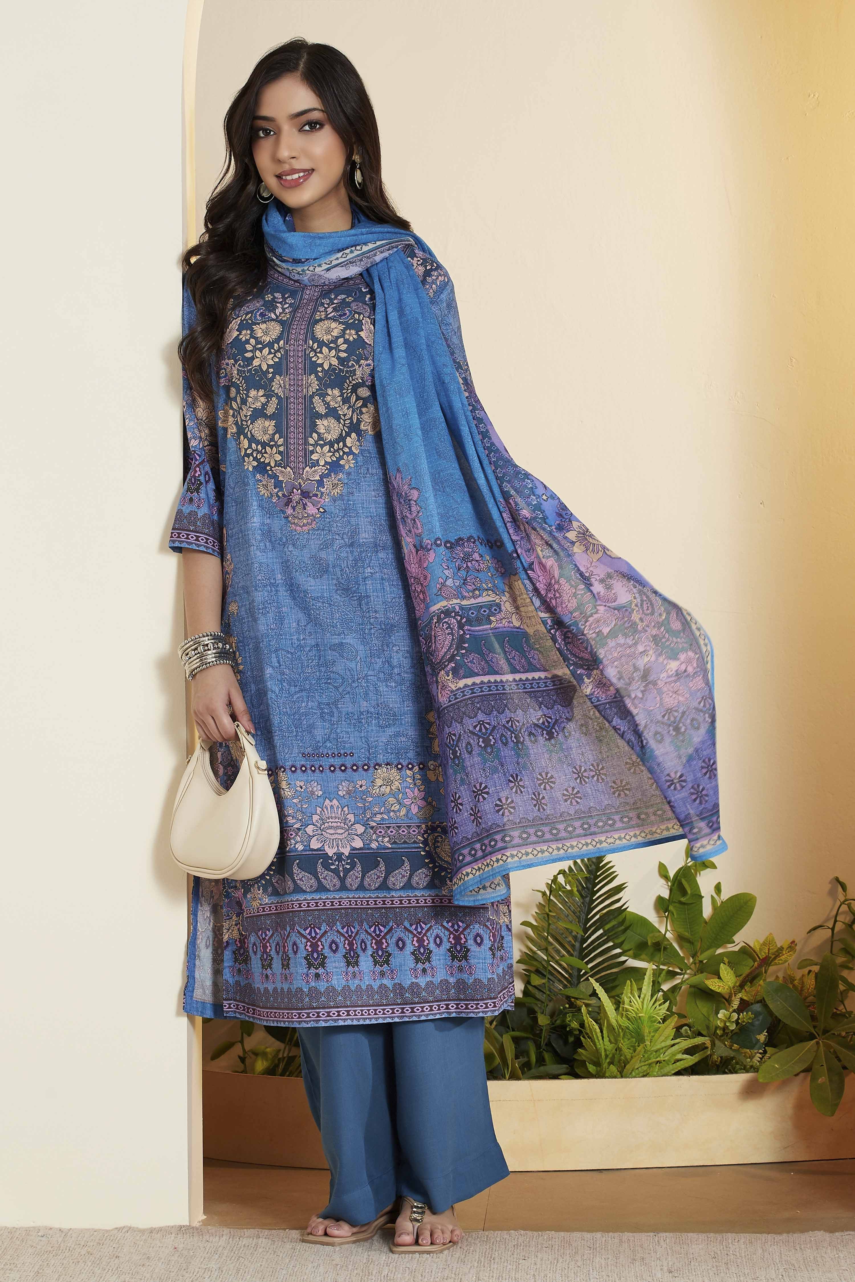 Blue Cotton Printed Straight Kurta Set image number 0
