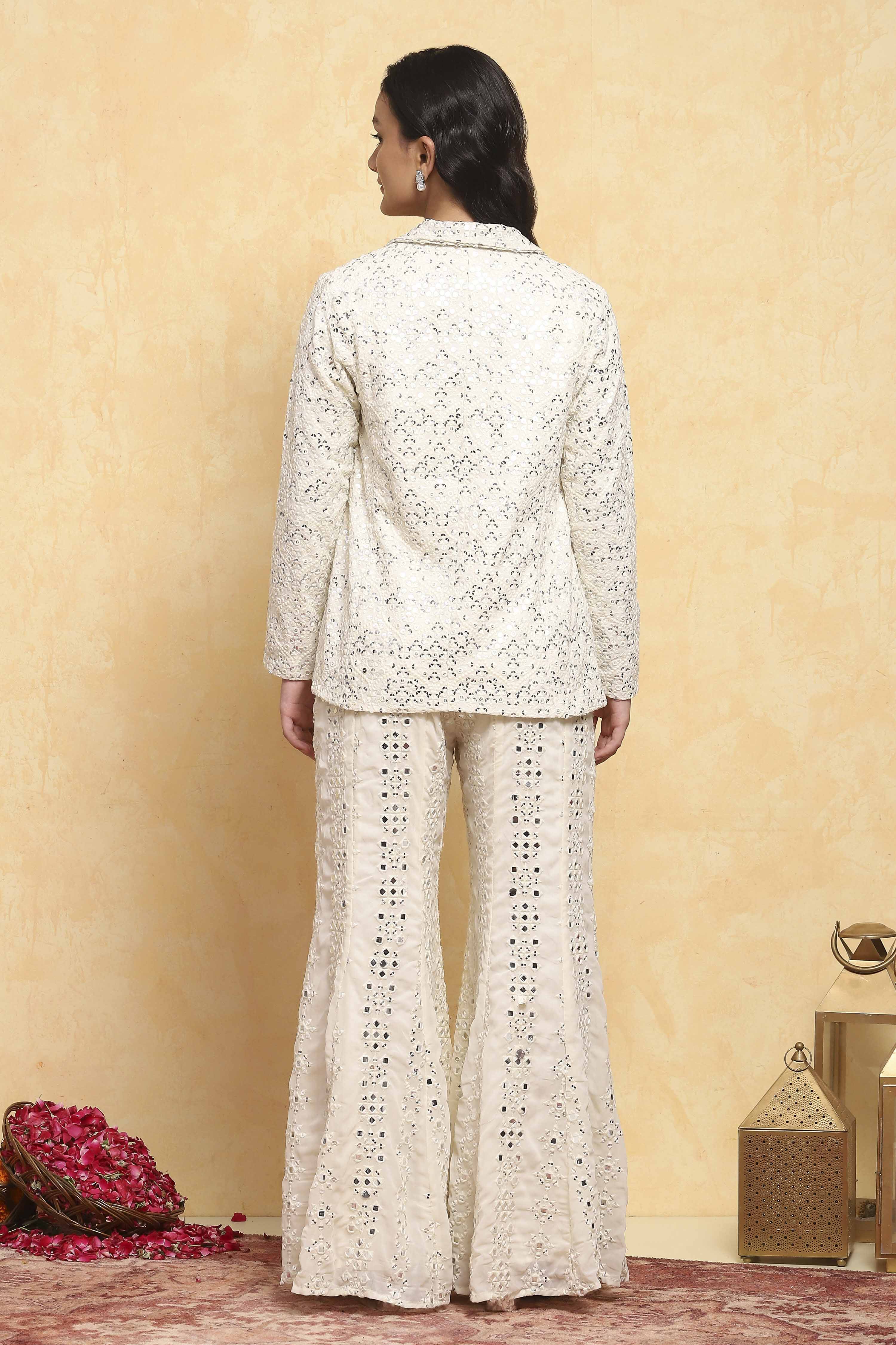 White Poly Georgette Embroidered Straight 3 Piece Set image number 4