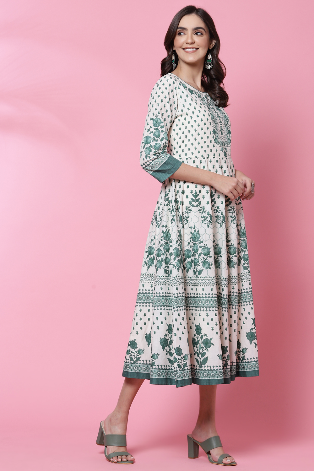 Green Cotton Flared Printed Kurta Dress image number 3