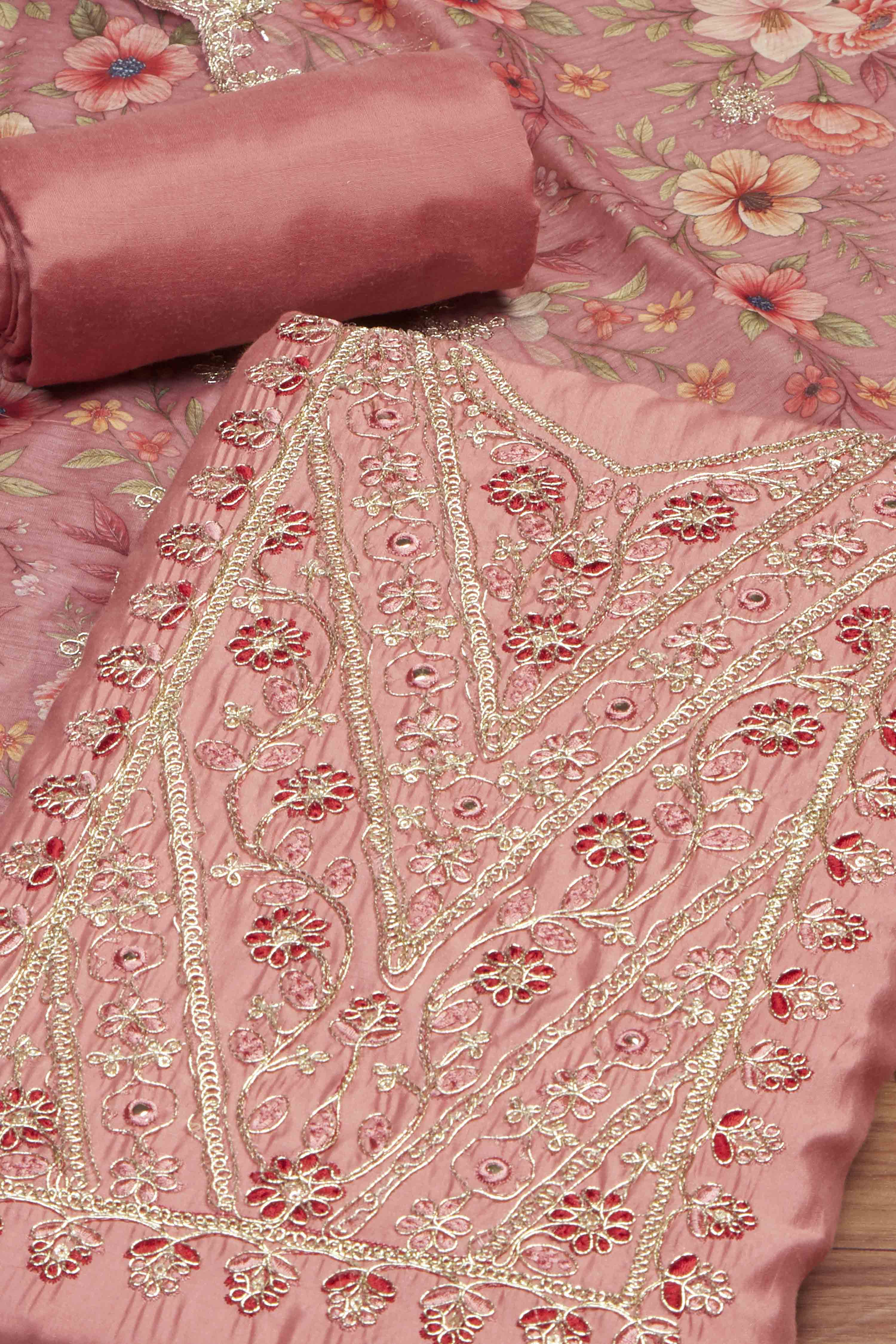 Teal Chanderi Unstitched Suit Set image number 1