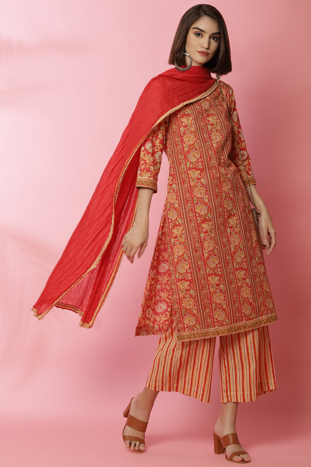 Red Cotton Straight Kurta Palazzo Suit Set image number 0